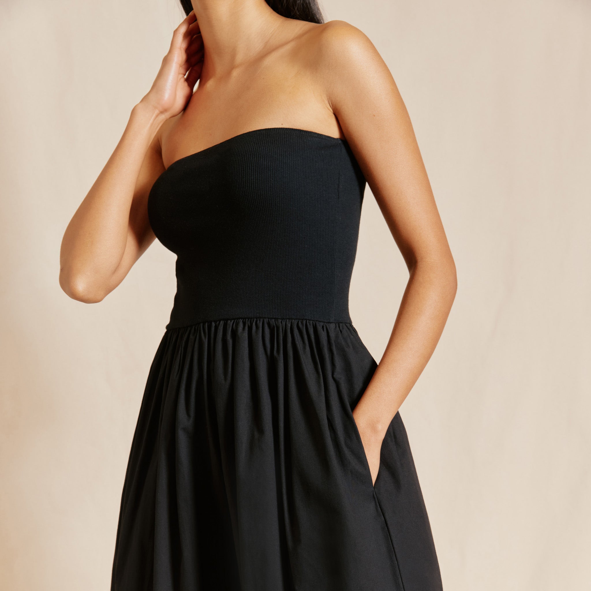 Black Jersey and Woven Mix Bandeau Dress