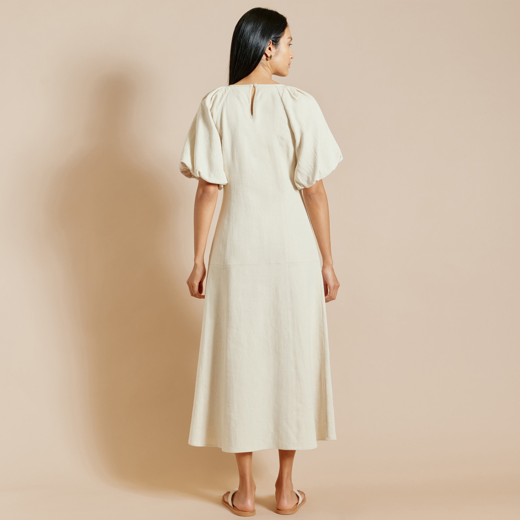 Re-Loved Linen Twill Puff Sleeve Dress - Size 16