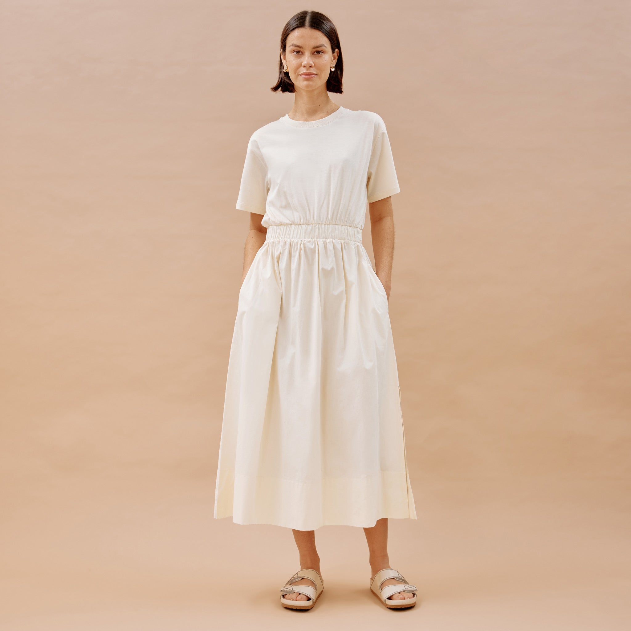 Re-Loved Woven Mix T Shirt Dress Cream - Size 10