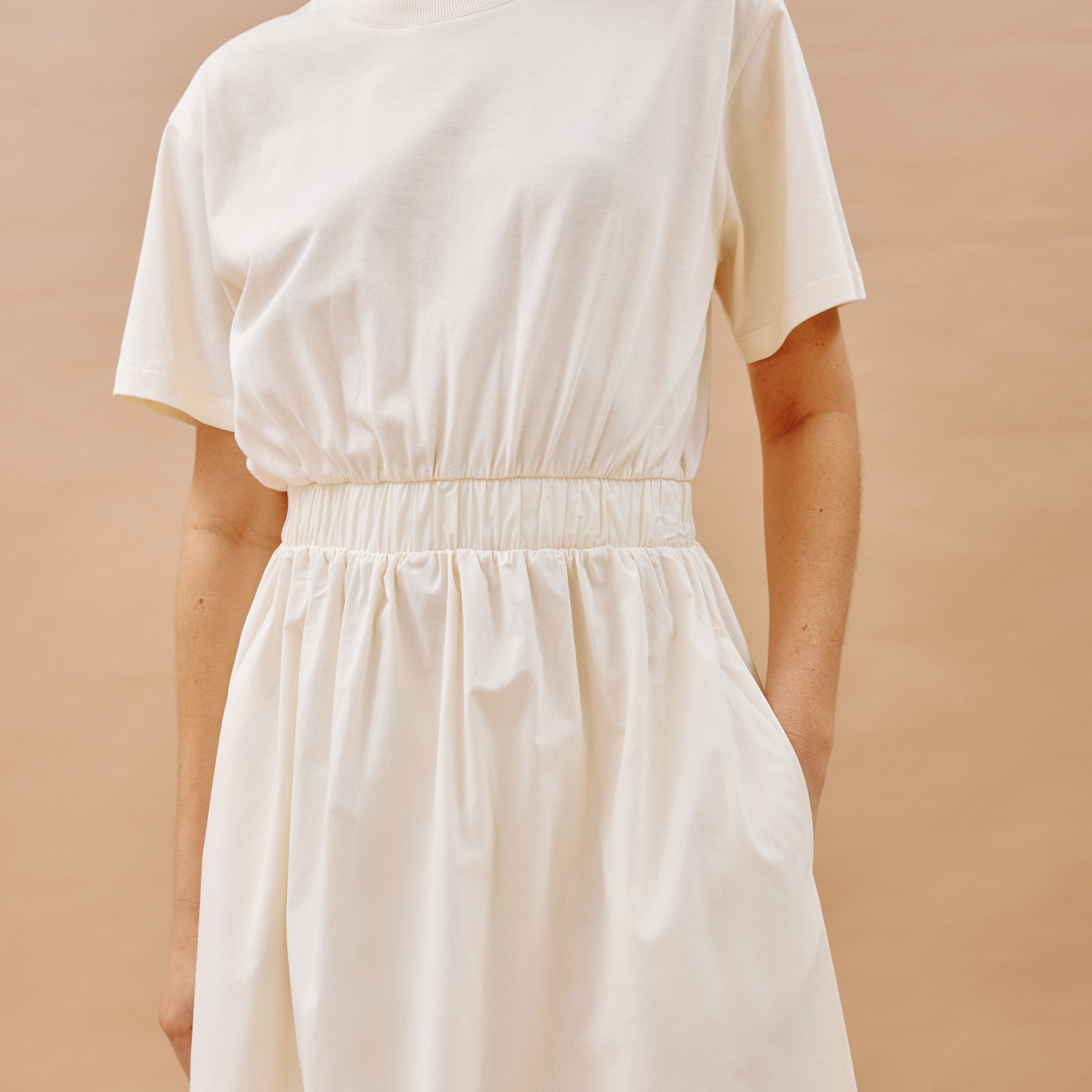 Re-Loved Woven Mix T Shirt Dress Cream - Size 10