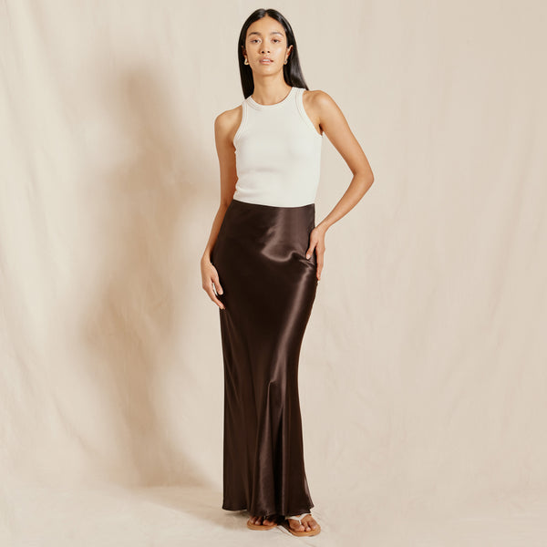 Double Satin Long Skirt / Brown
