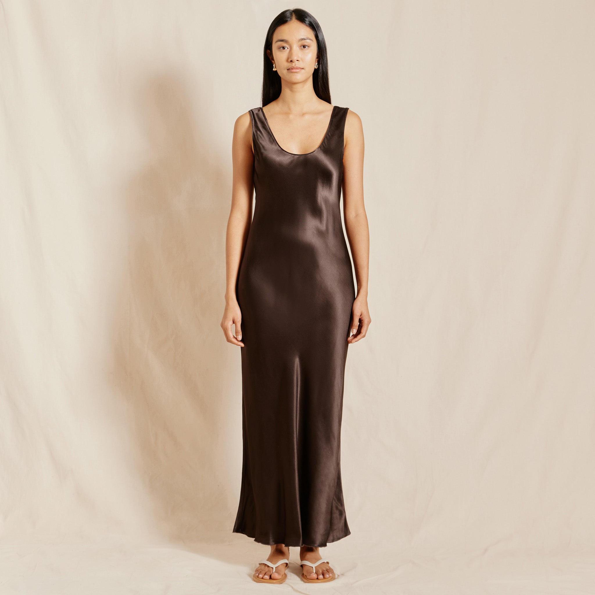 Re-Loved  Chocolate Satin Scoop Neck Dress - Size 8