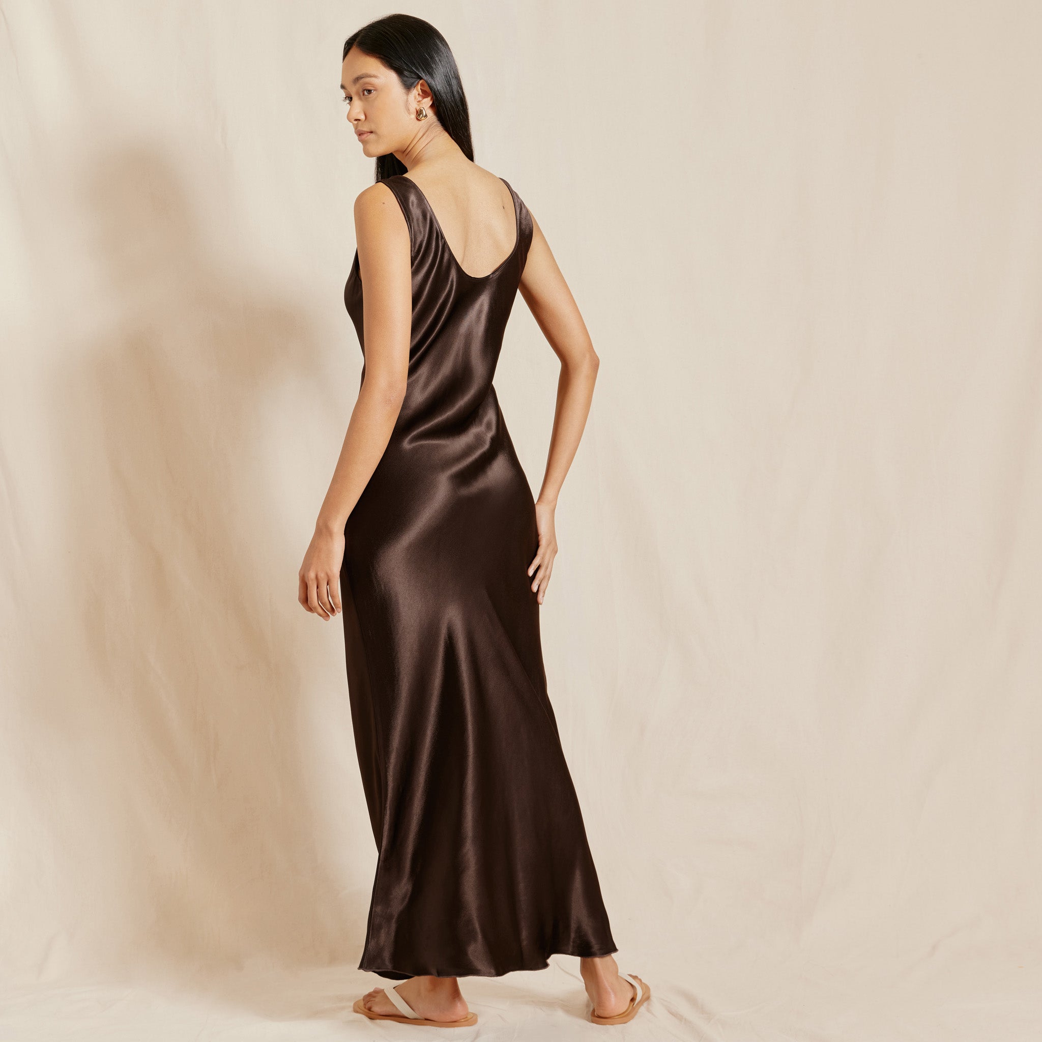 Re-Loved  Chocolate Satin Scoop Neck Dress - Size 8