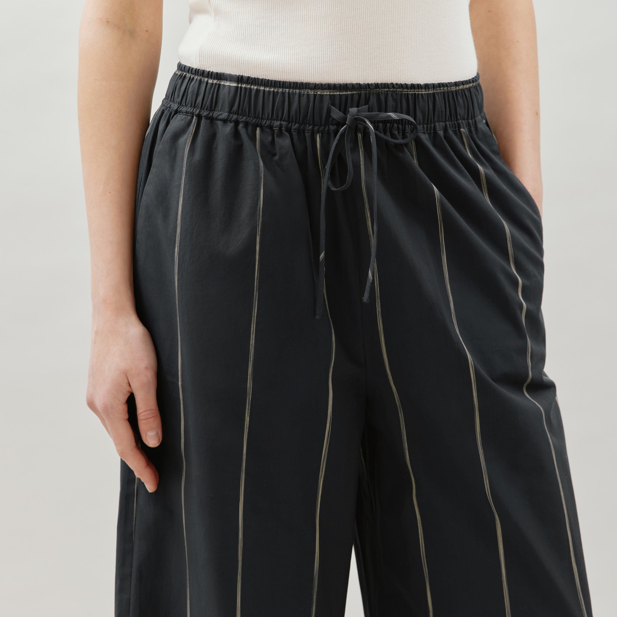 Re-Loved  Black Cotton Stripe Trouser - Size 14