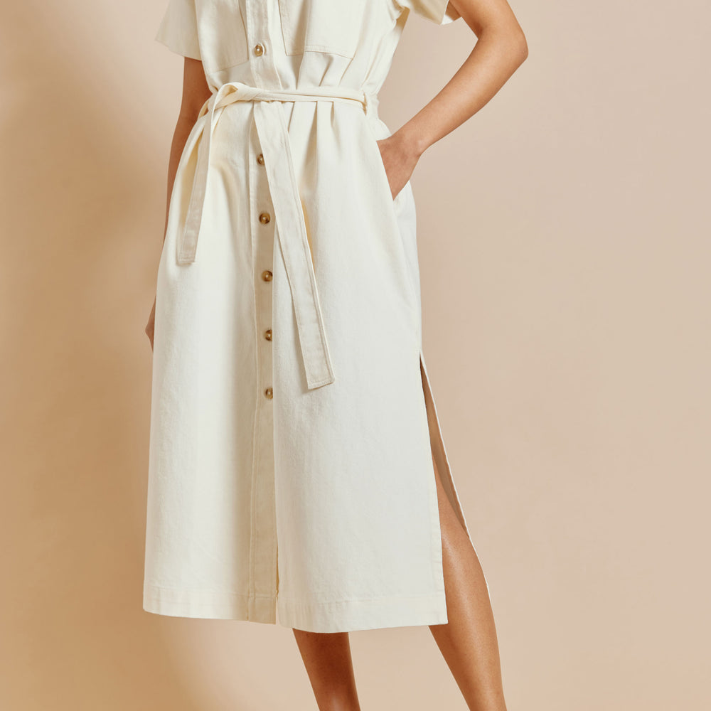 Utilitarian Belted Crêpe Navy Denim Shirt Dress