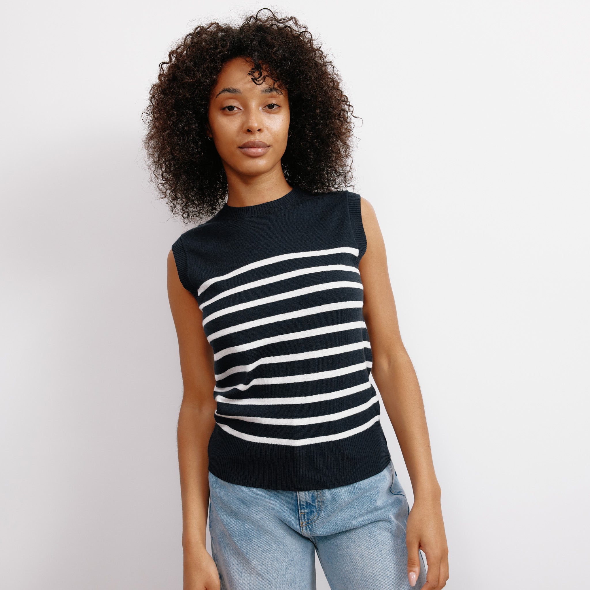 Re-Loved Navy and Cream Stripe Knitted Tank Top Size 8