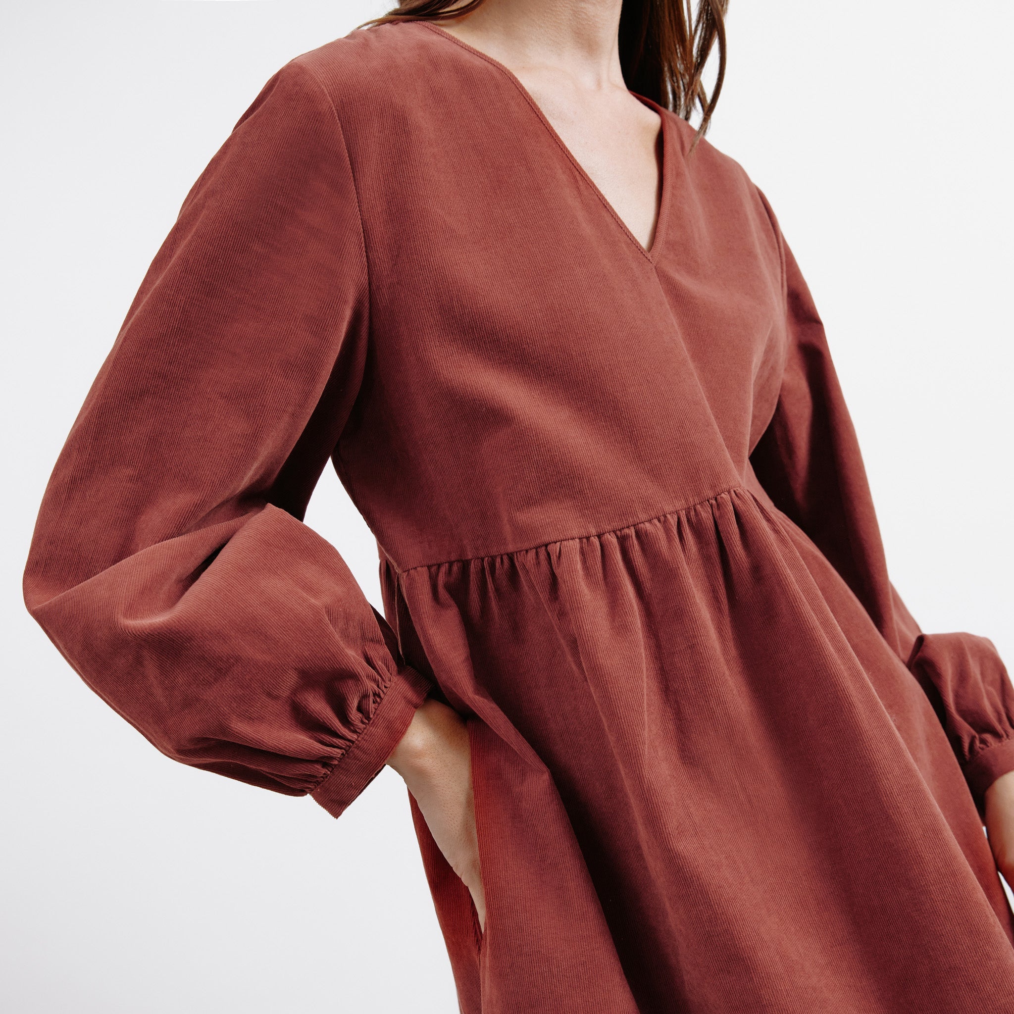 Re-Loved  Cord V Neck Gathered Midi Dress - Size 10