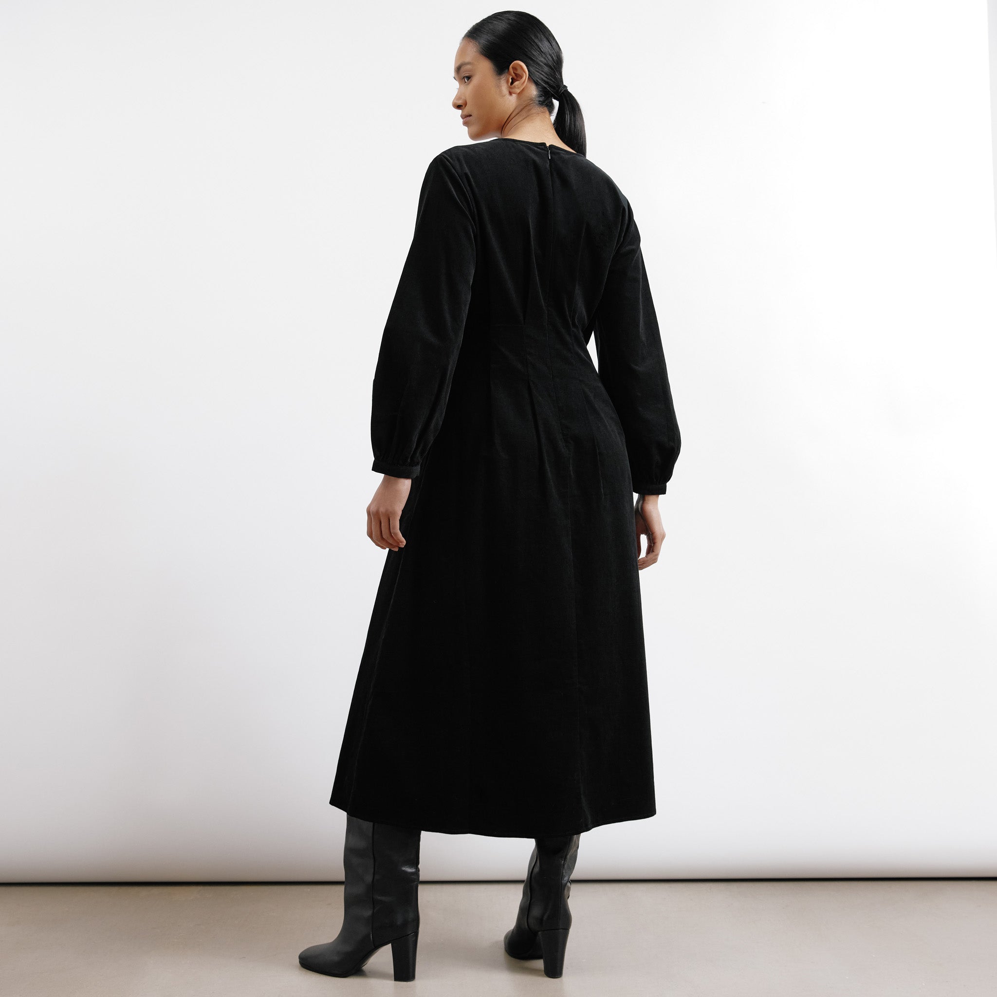 Re-Loved Black Cord Waisted Midi Dress - Size 10