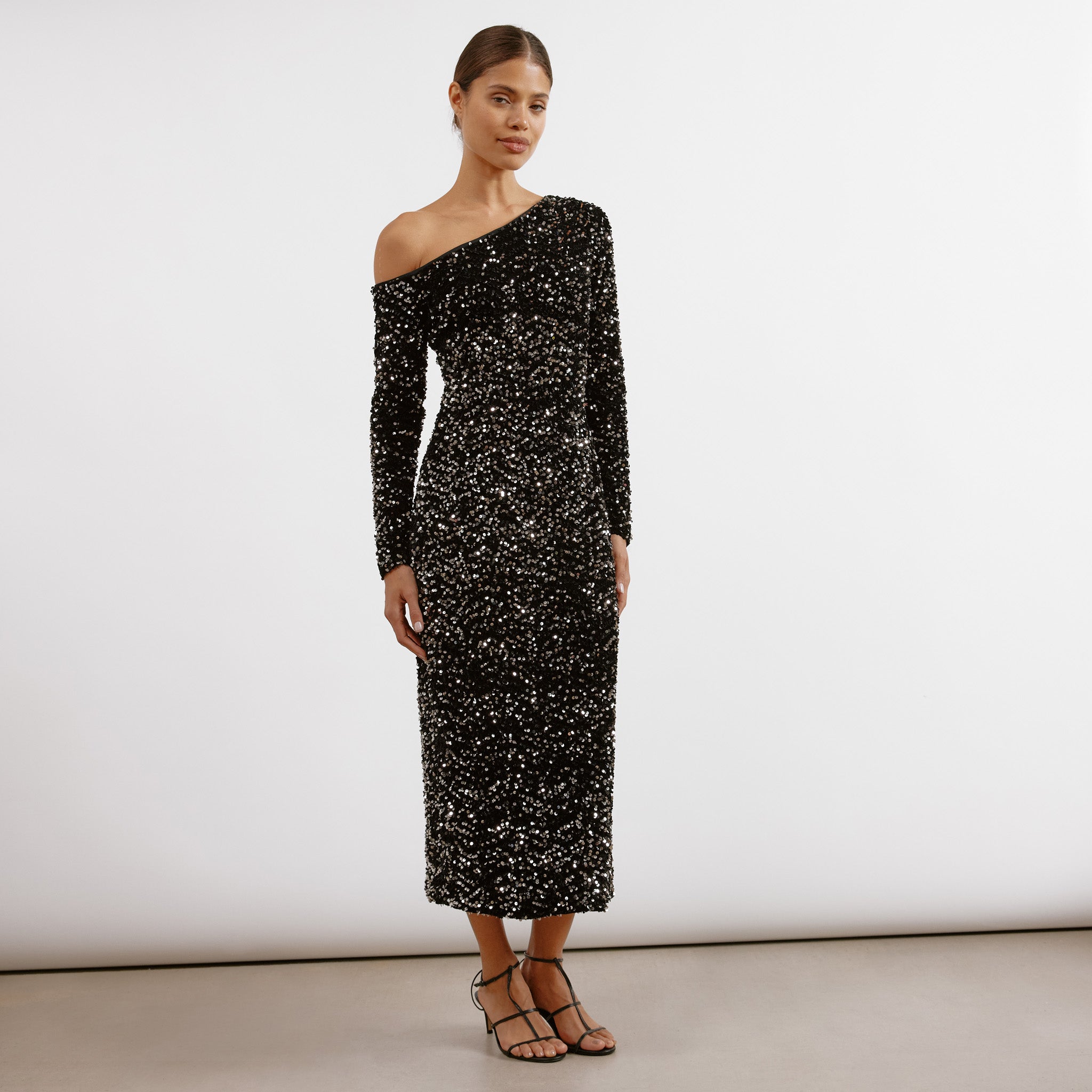 Re-Loved Velvet Sequin Asymmetric Off Shoulder Dress - Size 10