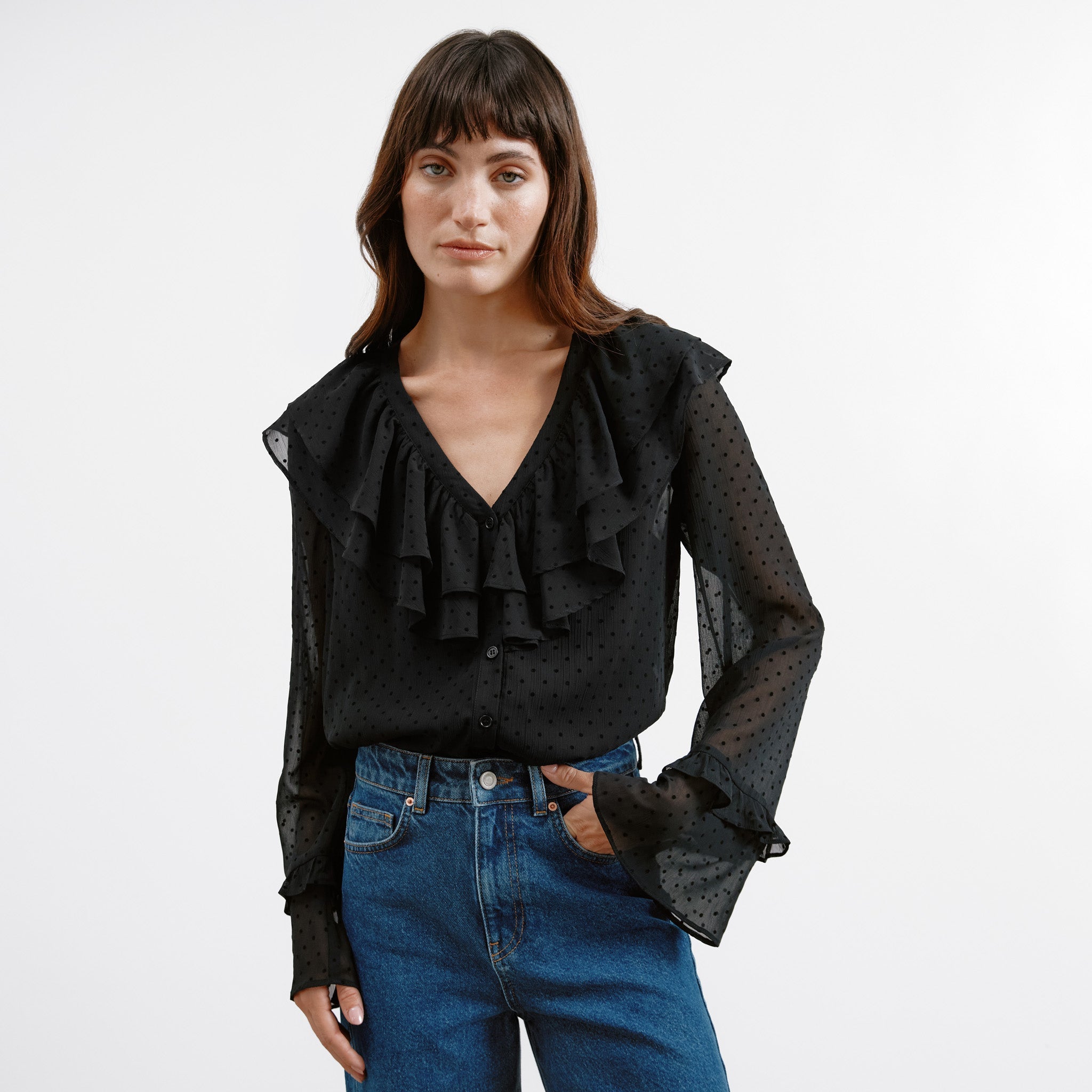 Re-Loved Flocked Spot Ruffle Blouse - Size 14