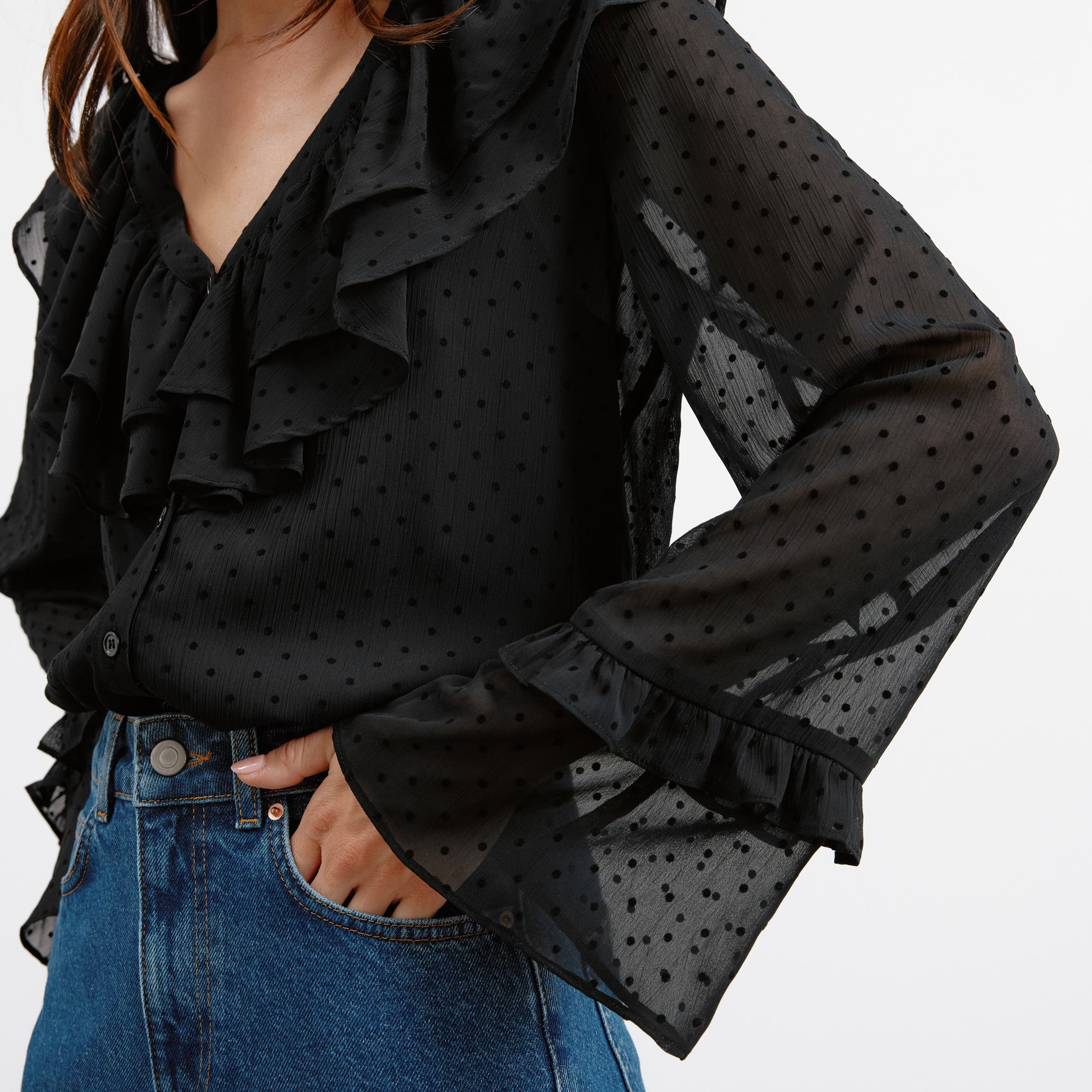 Re-Loved Flocked Spot Ruffle Blouse - Size 14