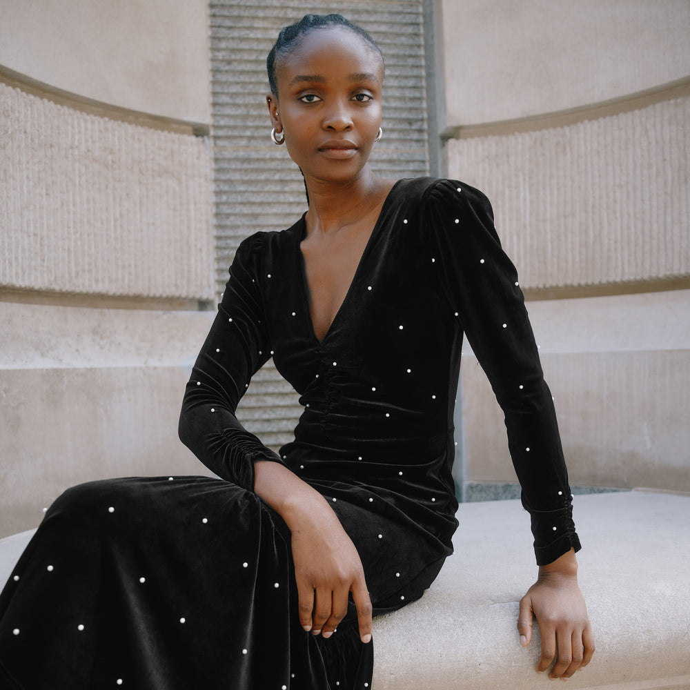 Pearl V-Neck Midi Dress