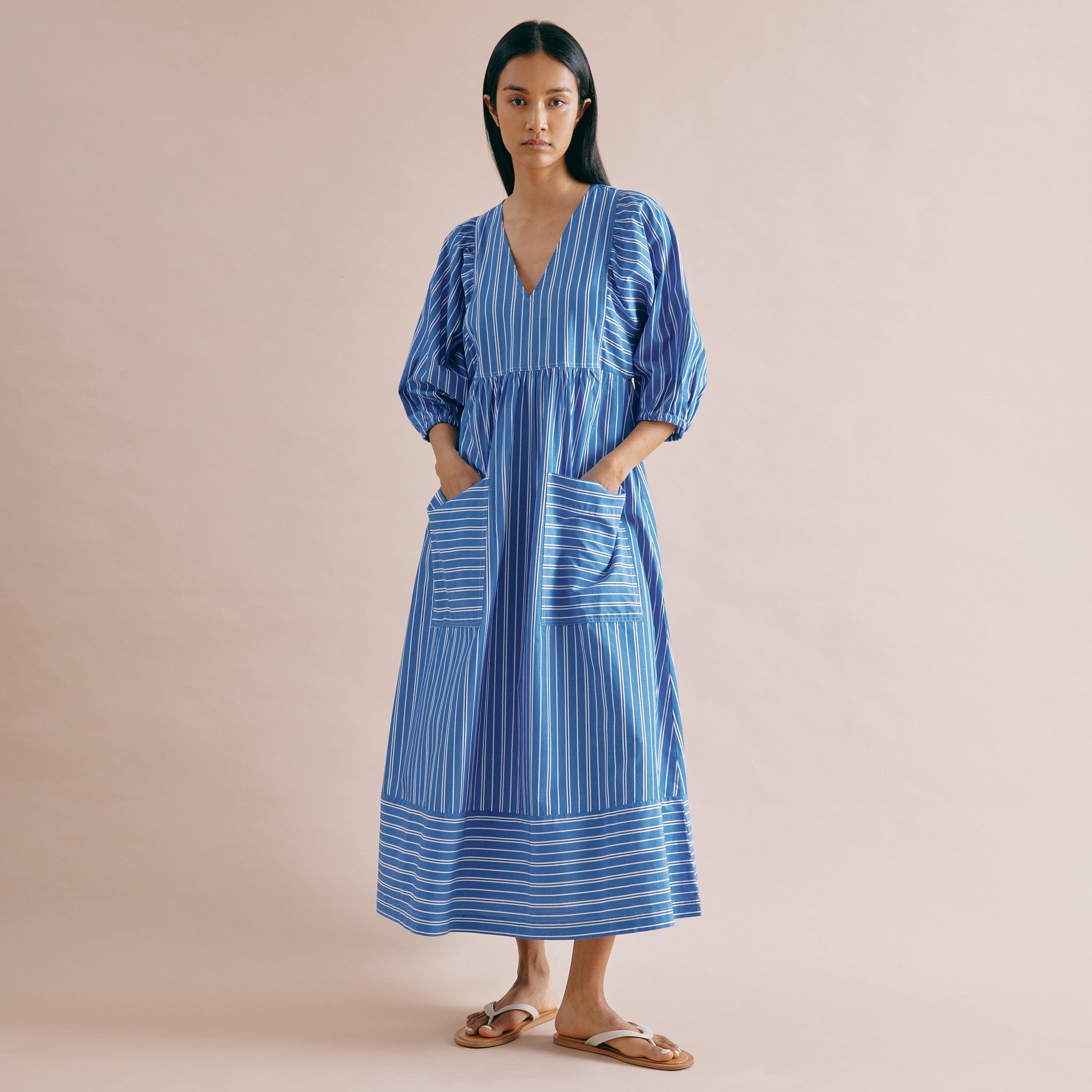 Re-Loved Blue Stripe V Neck Midi Dress Size 10