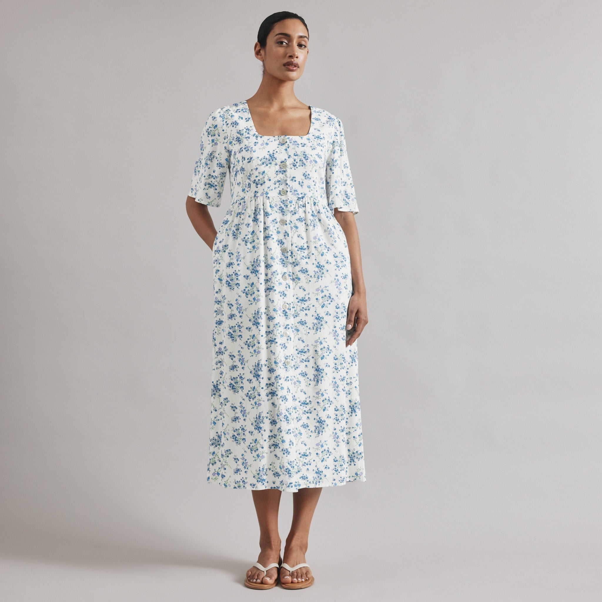 Re-Loved  Blossom Print Linen Blend Button Dress - Size 10