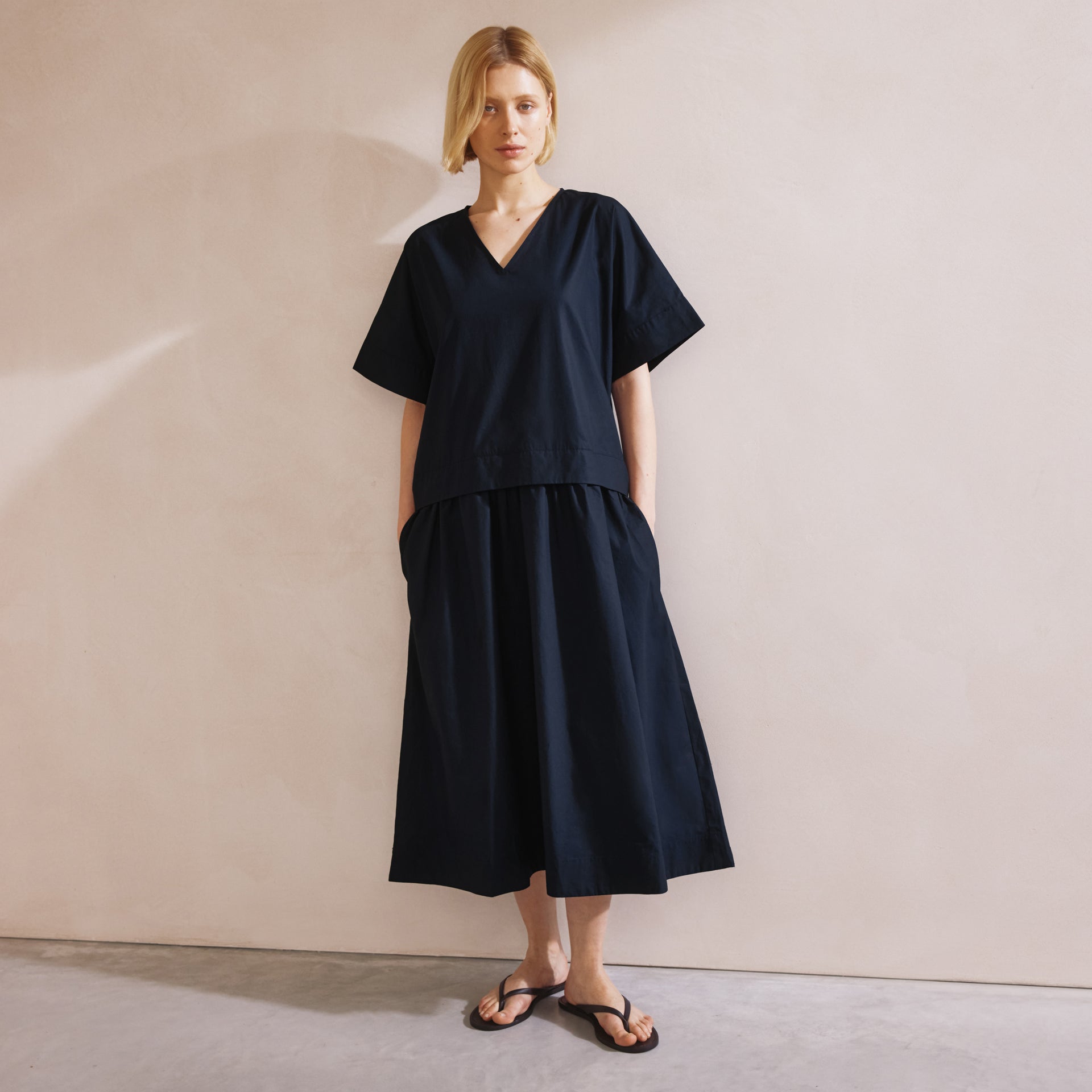 Drop Waist V Neck Cotton Dress