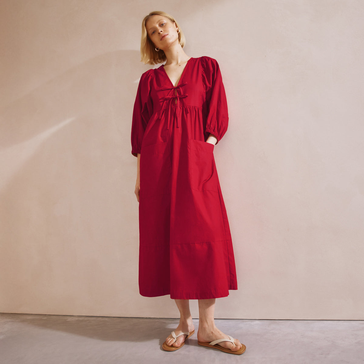 Tie V Neck Cotton Dress
