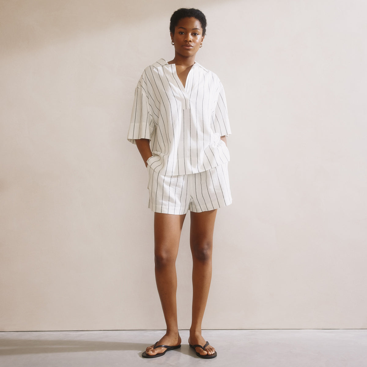 Wide Stripe Linen Blend Pop Over Shirt