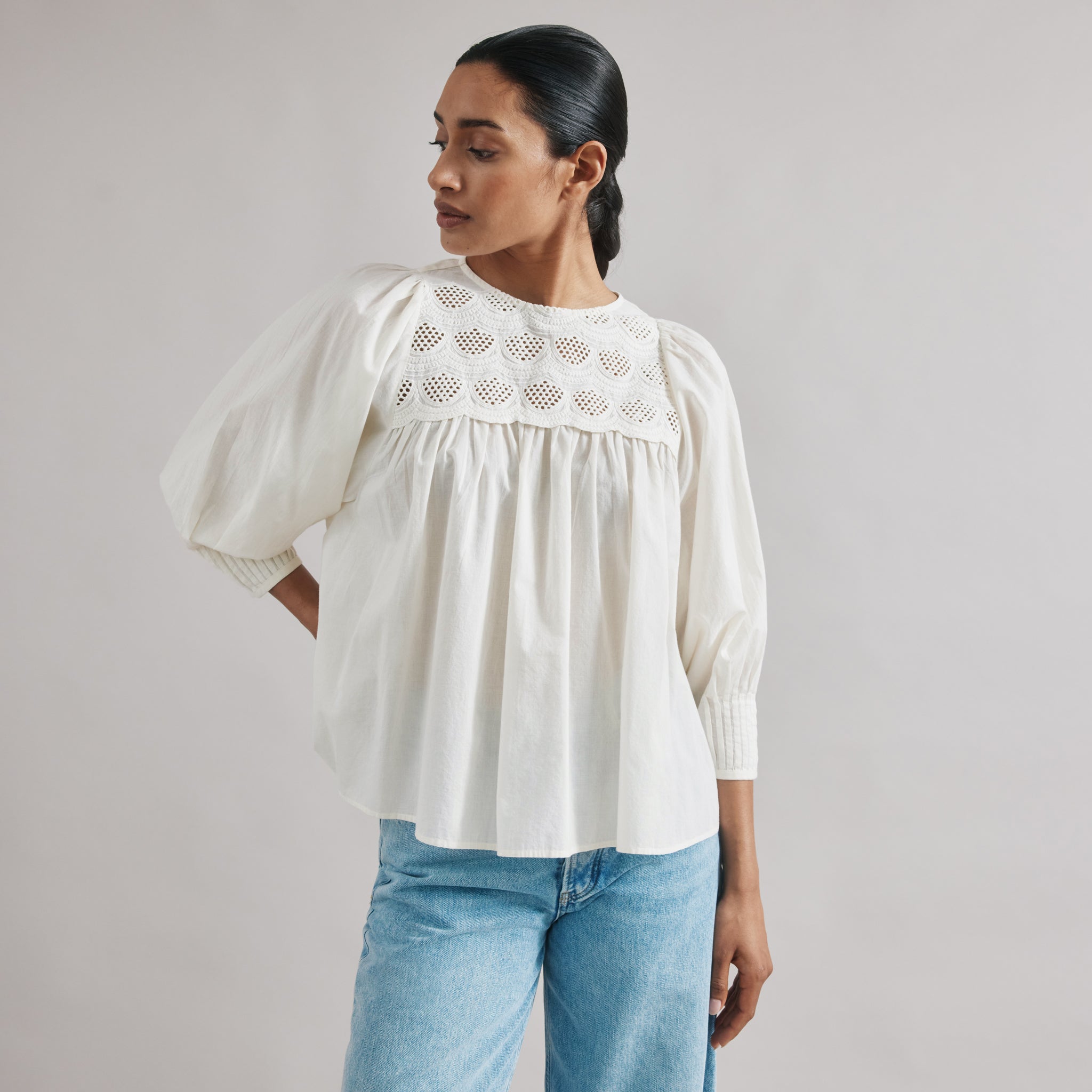 Re-Loved Cream Embroidered Yoke Top Size 16