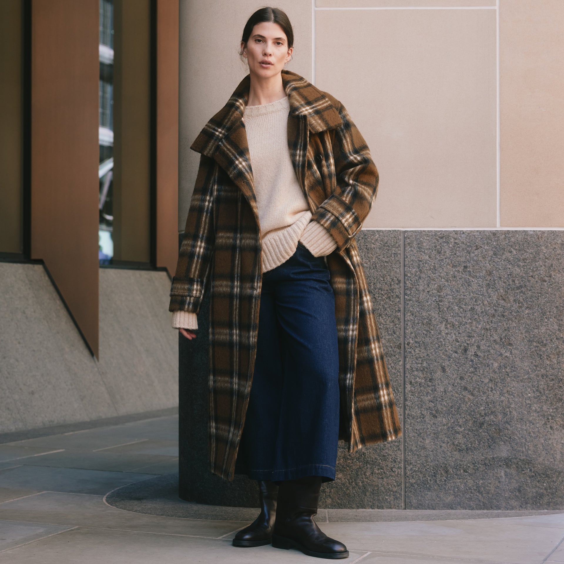 Check Funnel Neck Coat