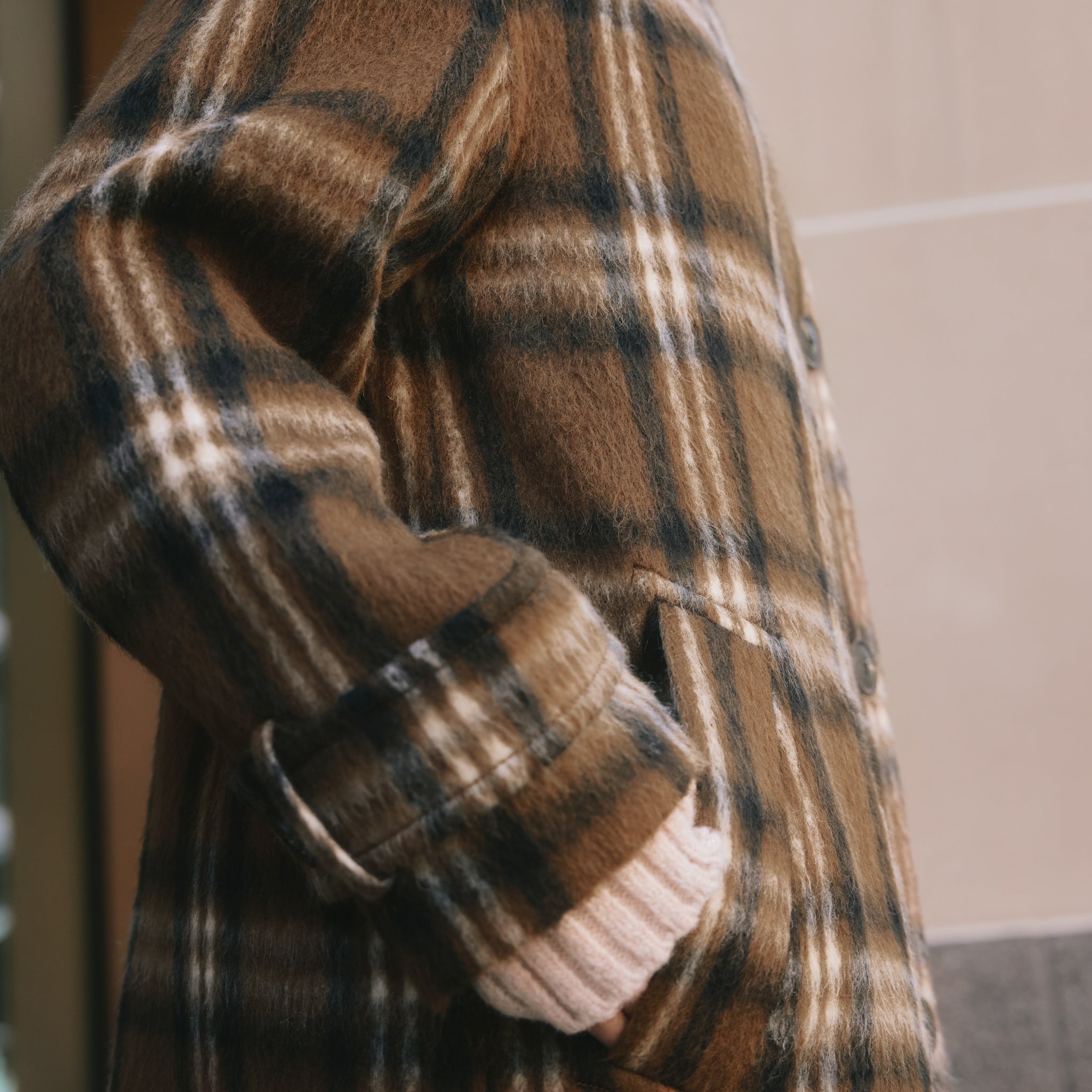 Check Funnel Neck Coat