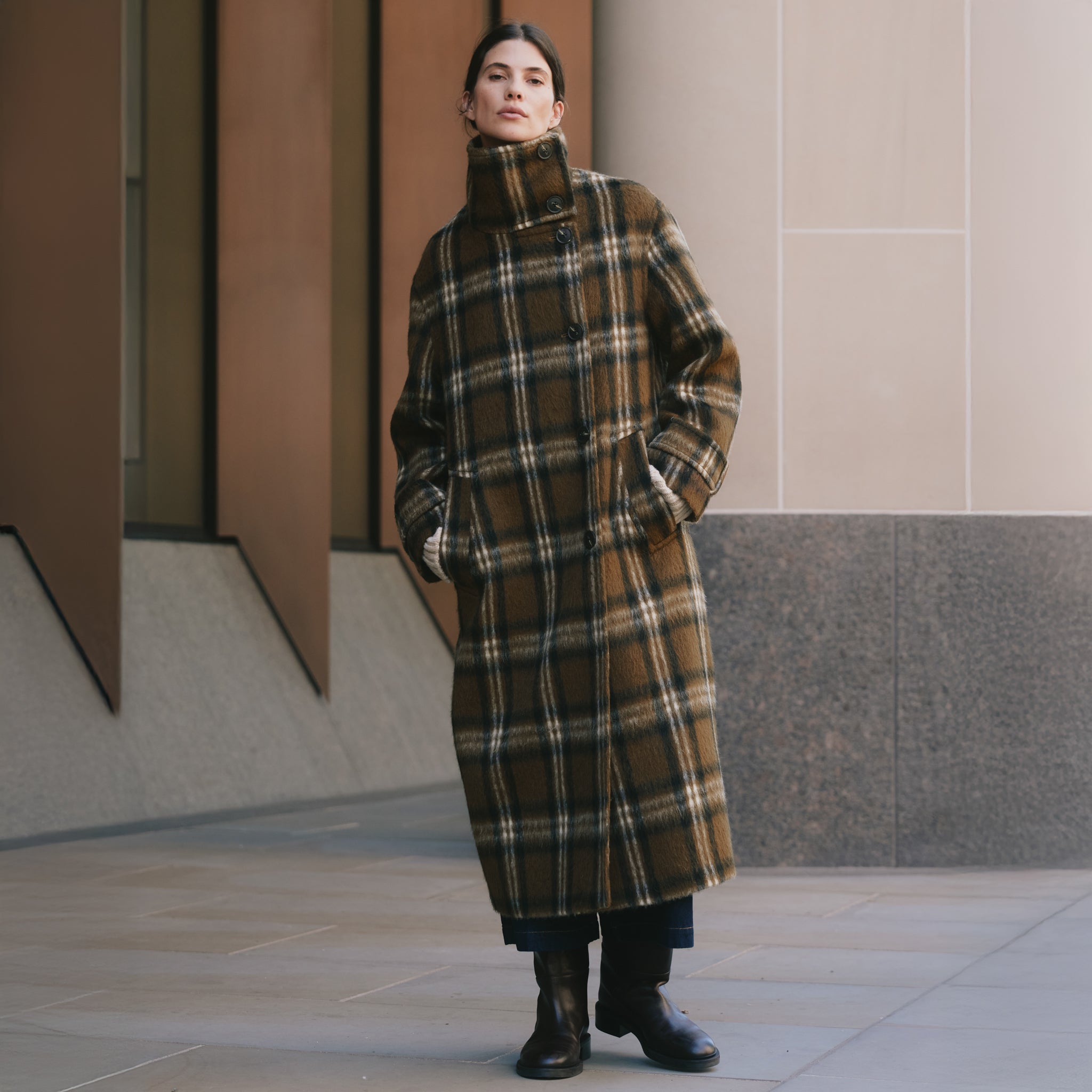 Check Funnel Neck Coat | Sustainable Womenswear | Albaray