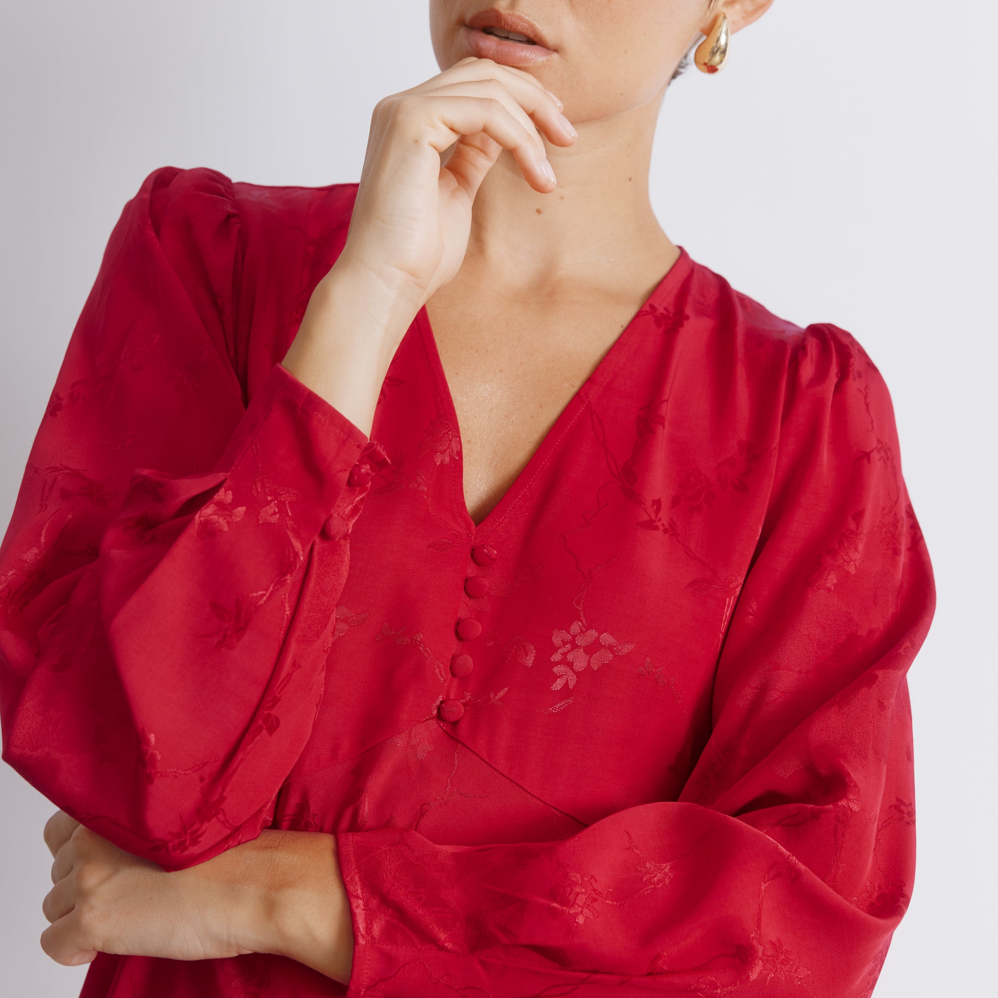 Red Jacquard Satin Short Dress