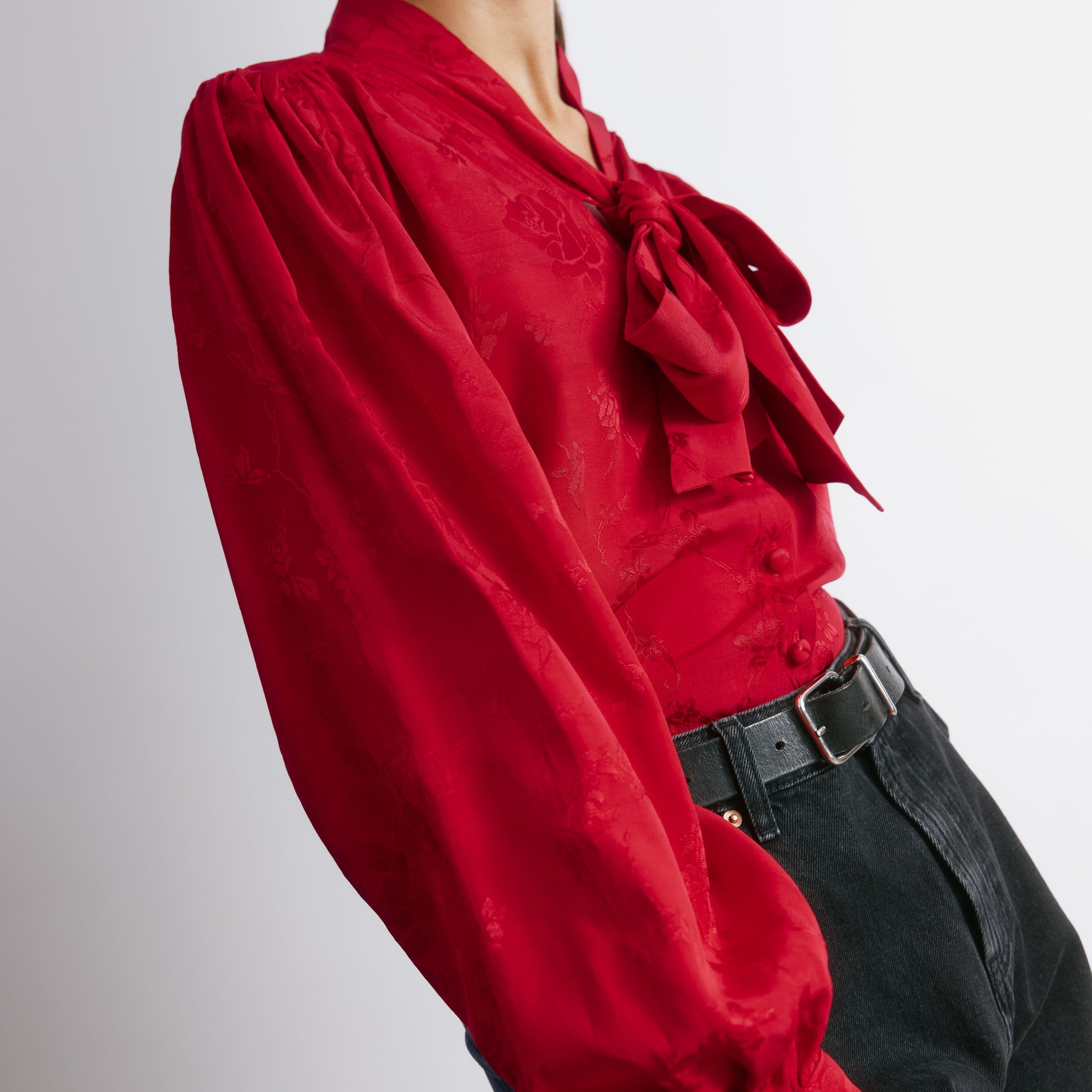 Red Jacquard Satin Tie Neck Blouse