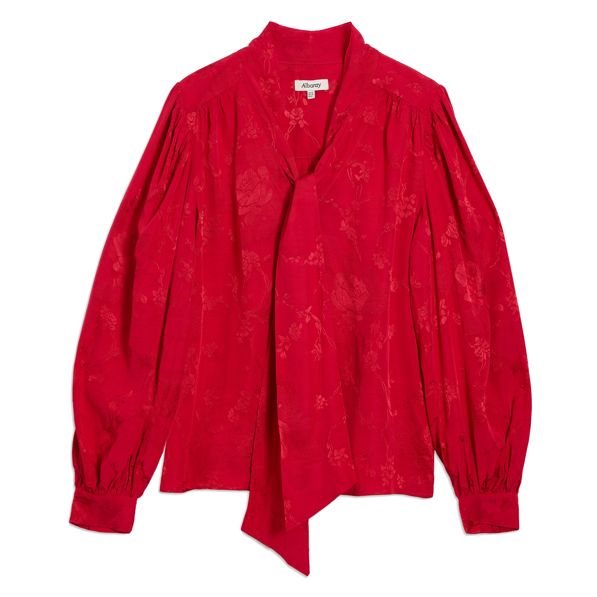 Red Jacquard Satin Tie Neck Blouse