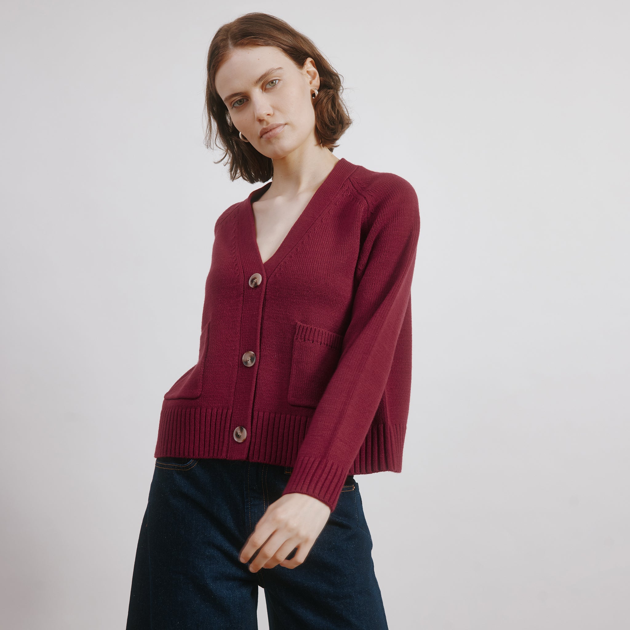 Dark Red Relaxed V Neck Cardi