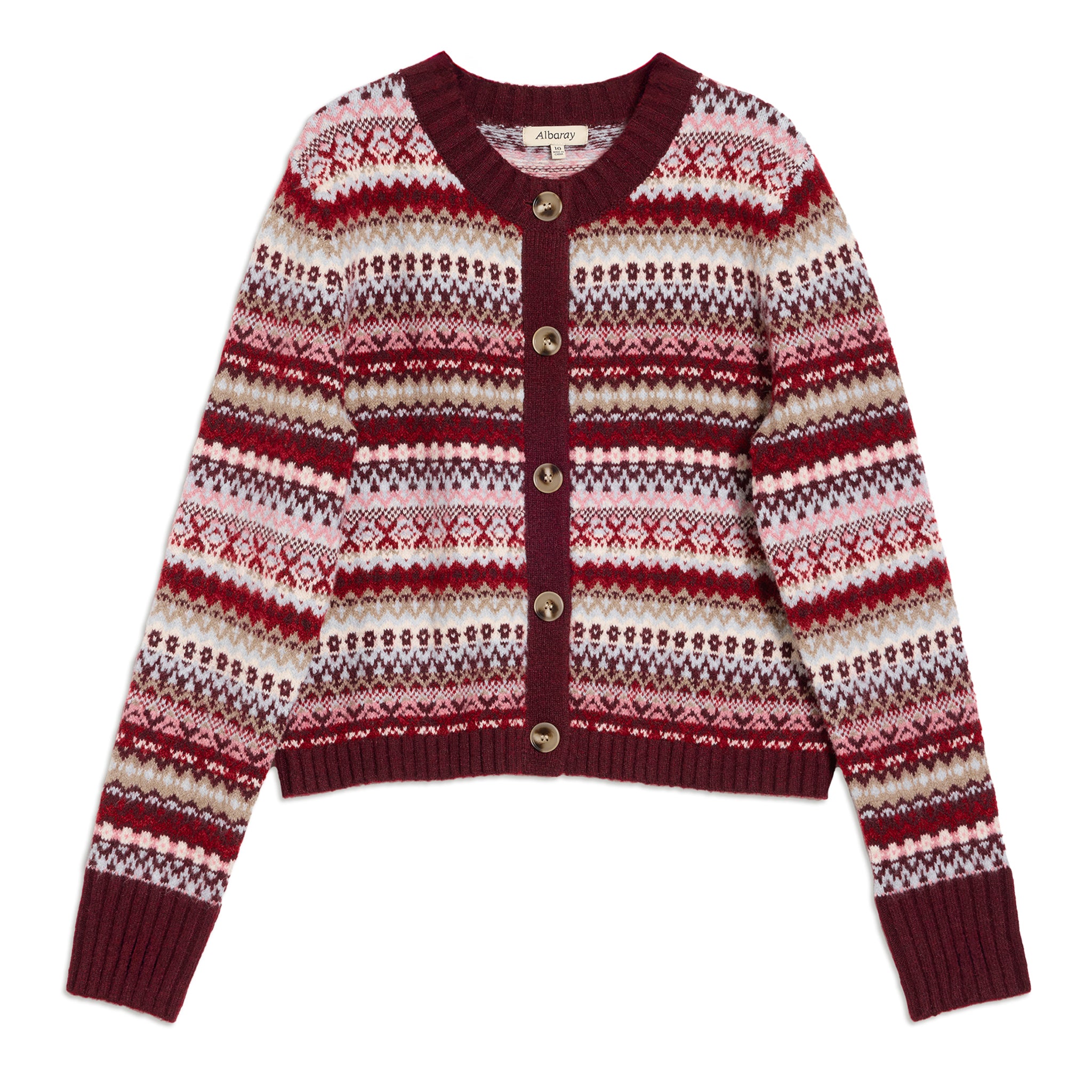 Burgundy Fair Isle Cropped Cardigan