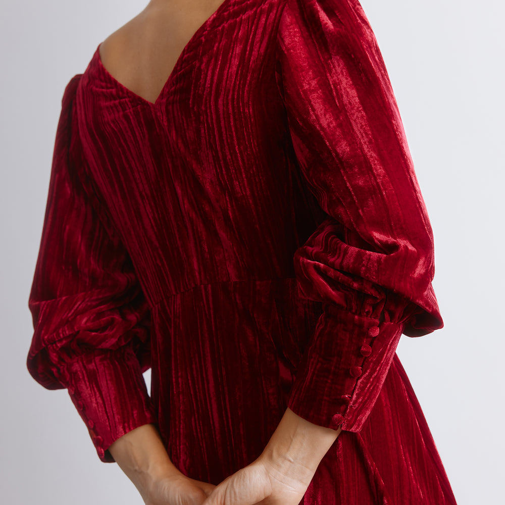 Crushed Velvet Midi Dress in Deep Red