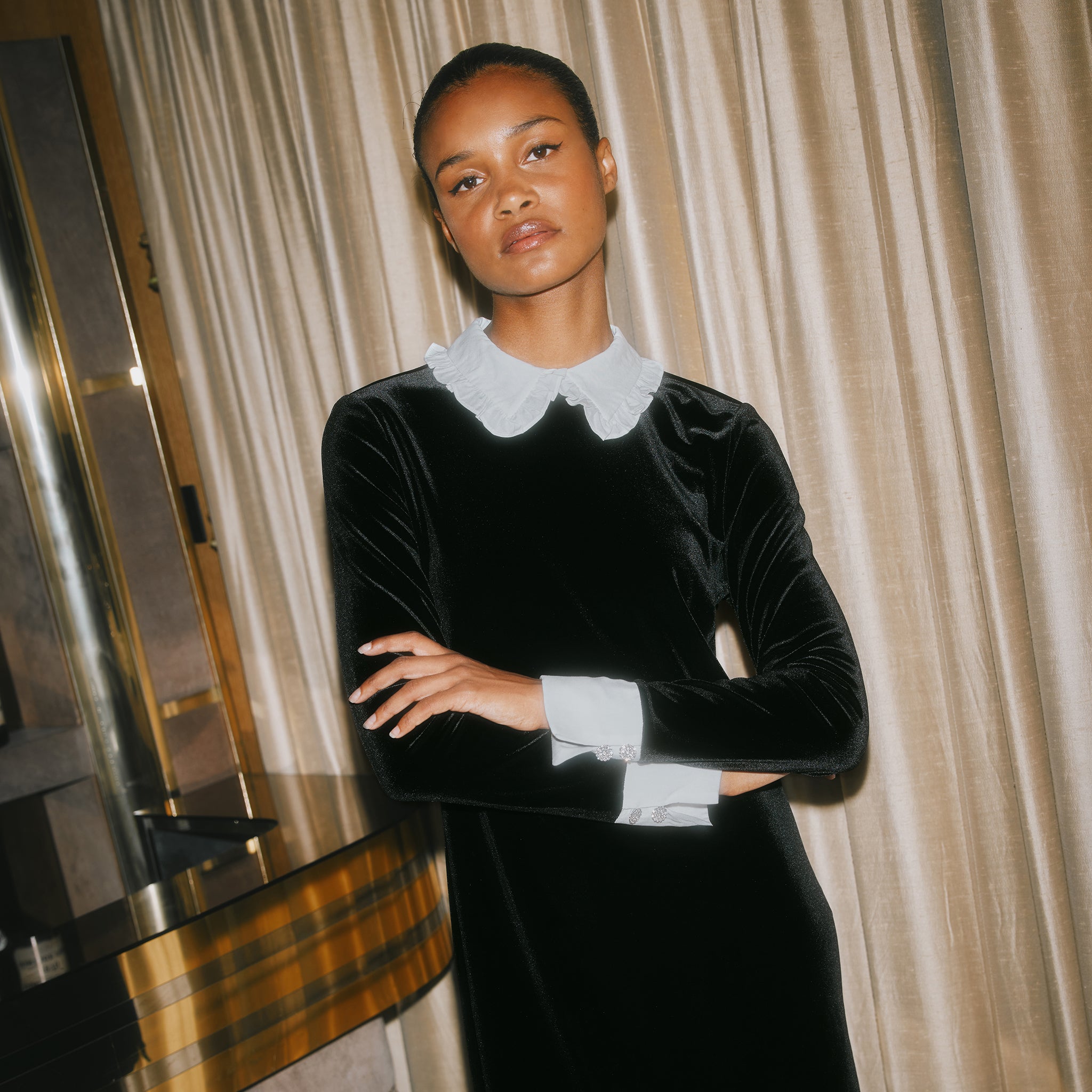 Contrast Collar & Cuff Velvet Dress