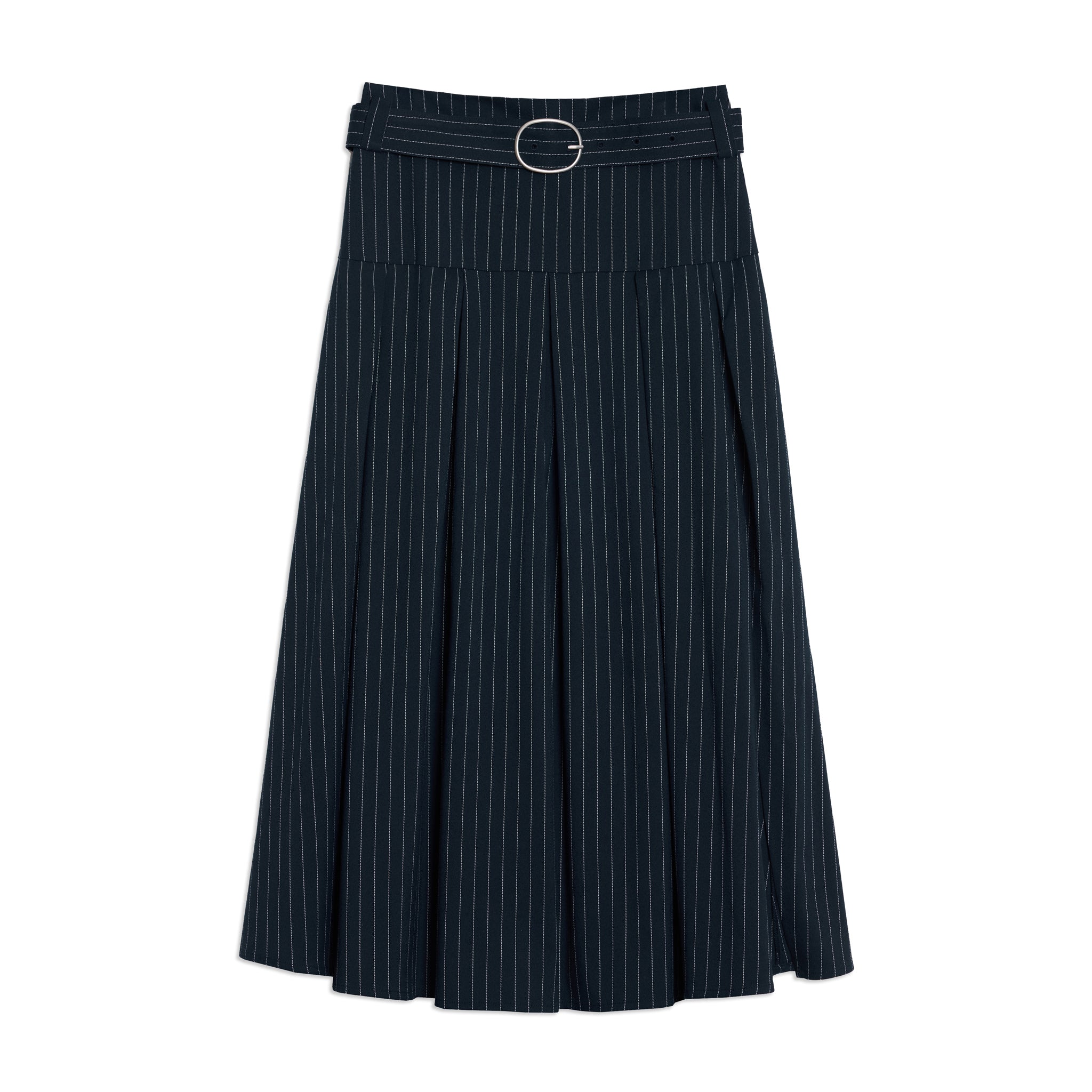 Navy Pinstripe Midi Skirt