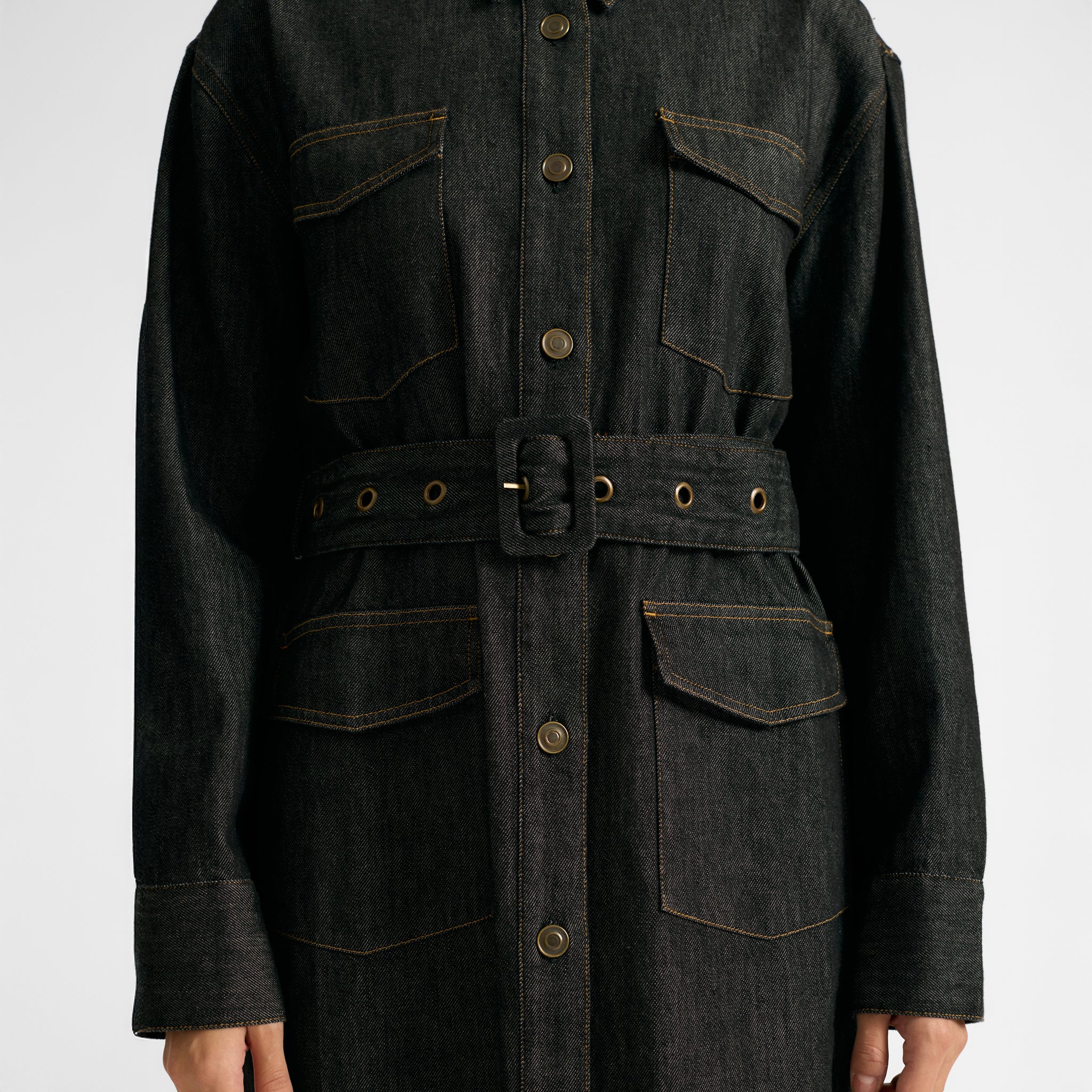 Black Belted Denim Short Dress