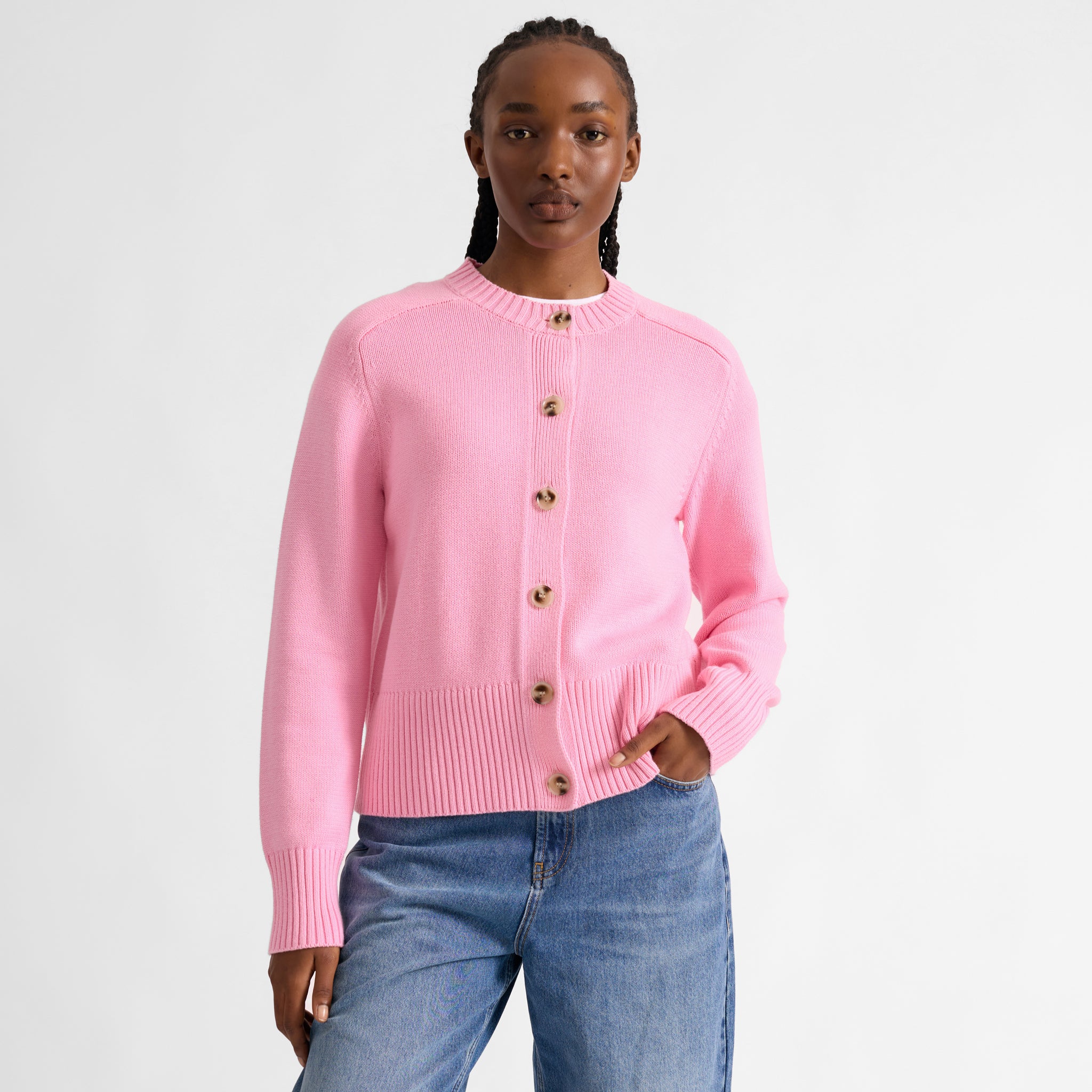 Pink Cotton Crew Neck Cardigan