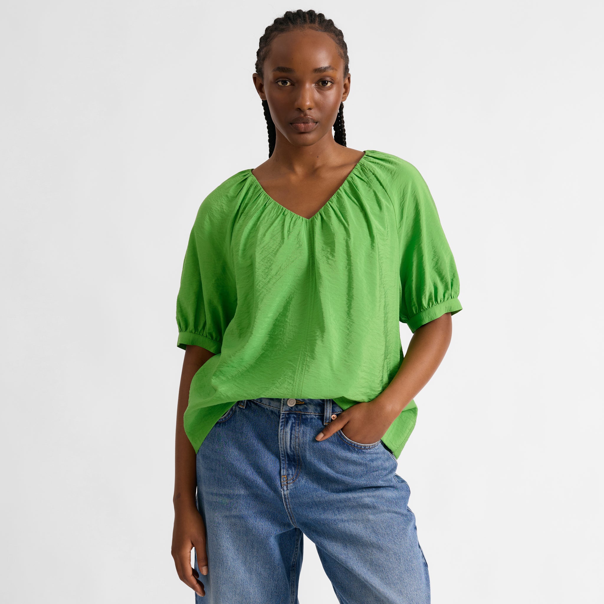 Green V Neck Gathered Top