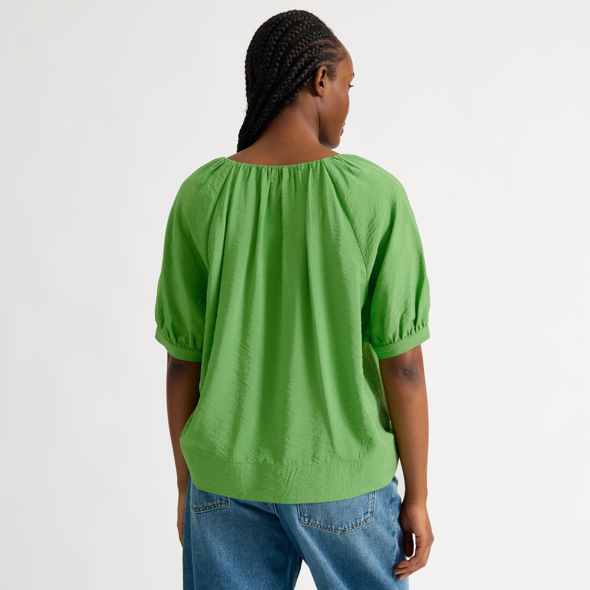 Green V Neck Gathered Top