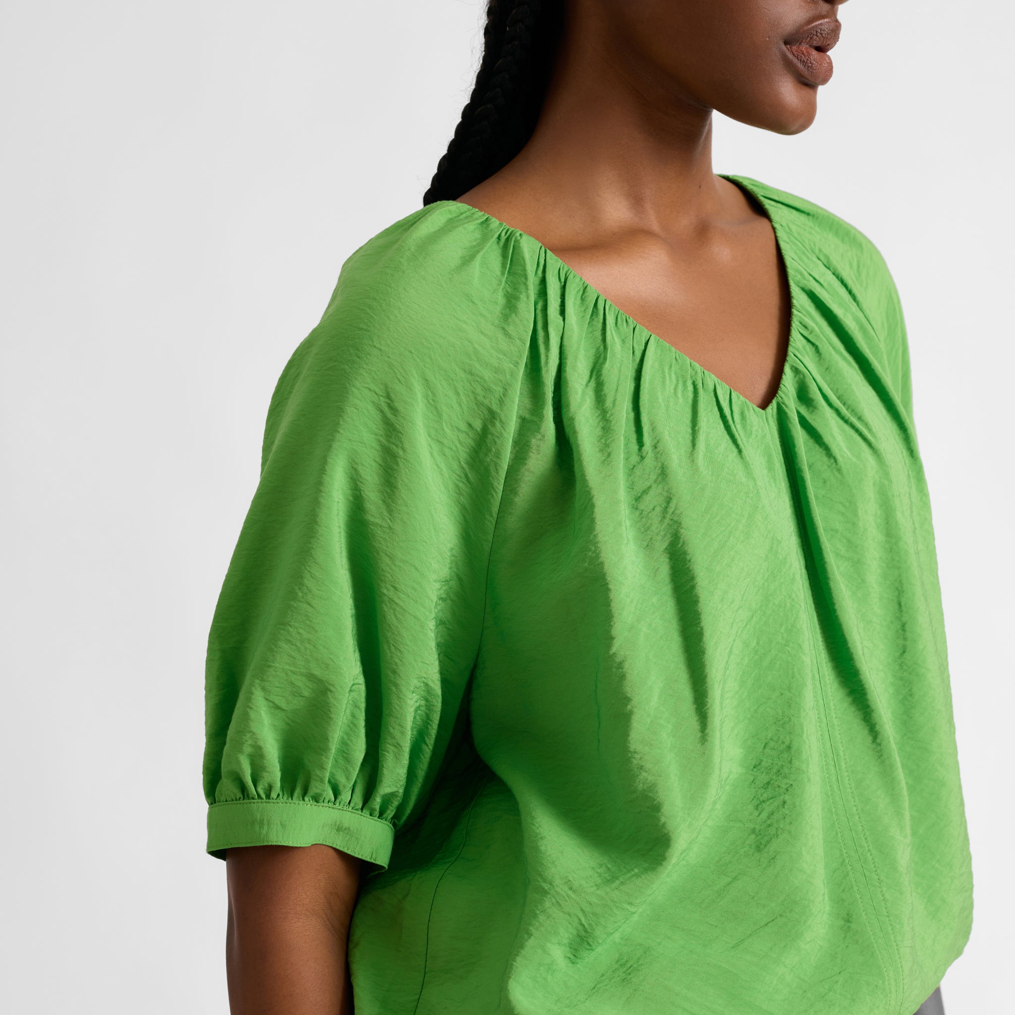 Green V Neck Gathered Top