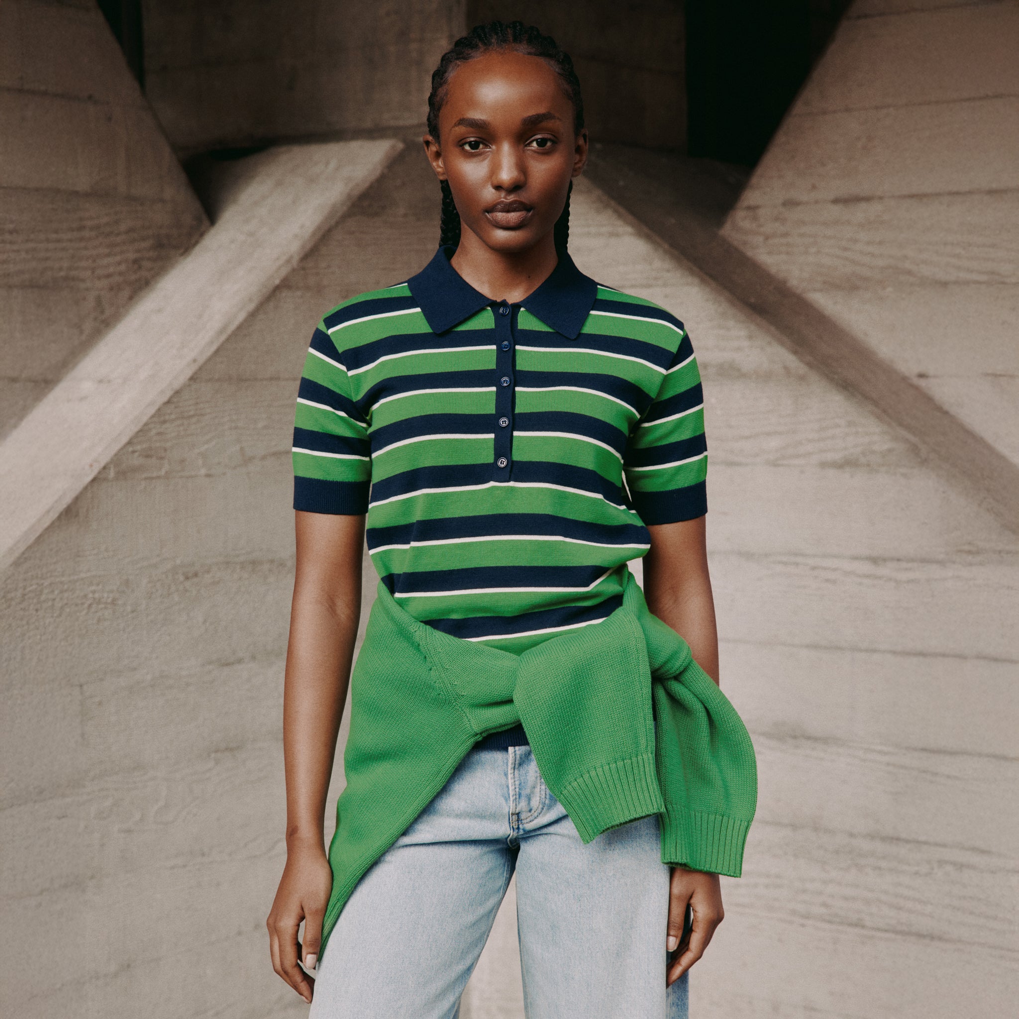 Green & Navy Stripe Polo Top