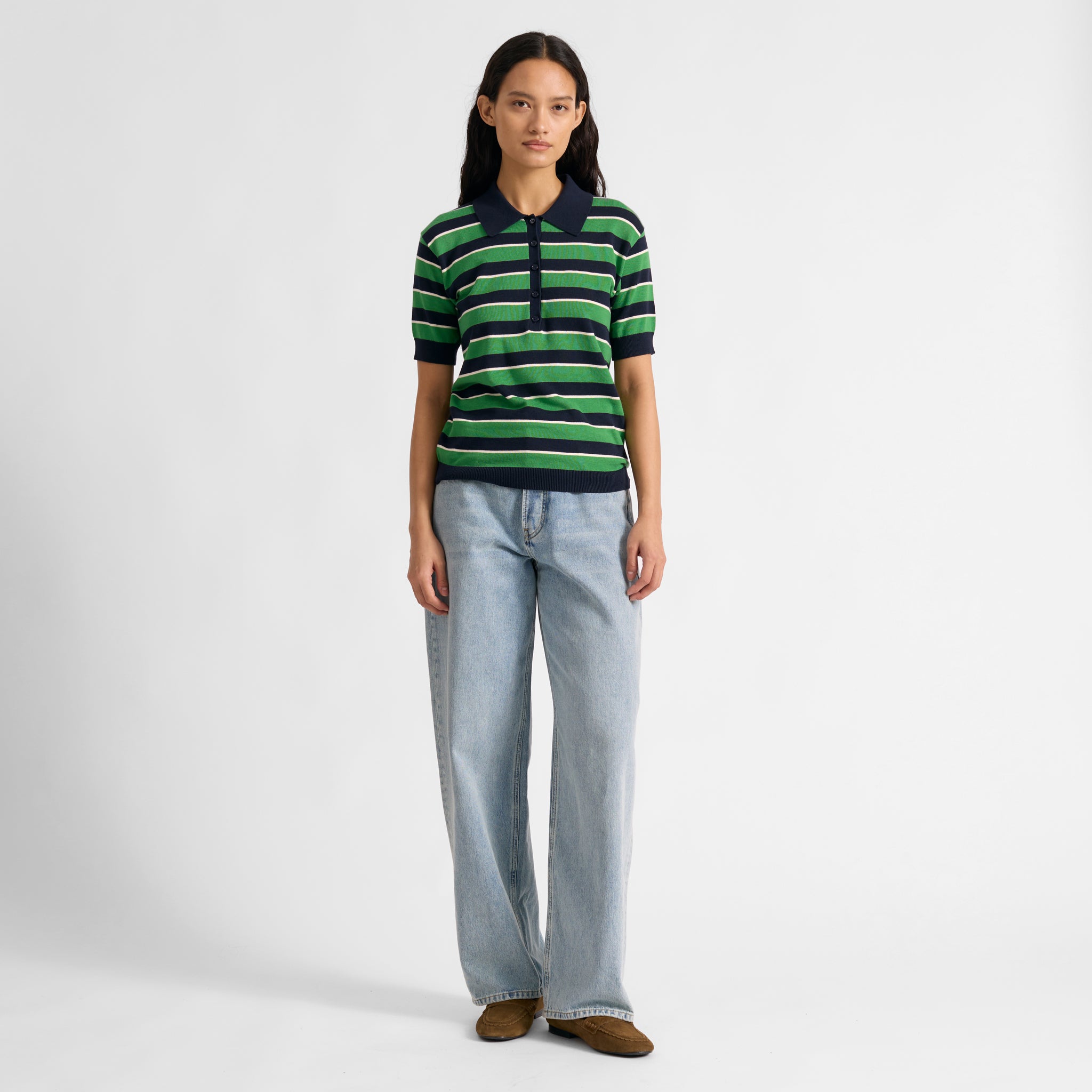 Green & Navy Stripe Polo Top
