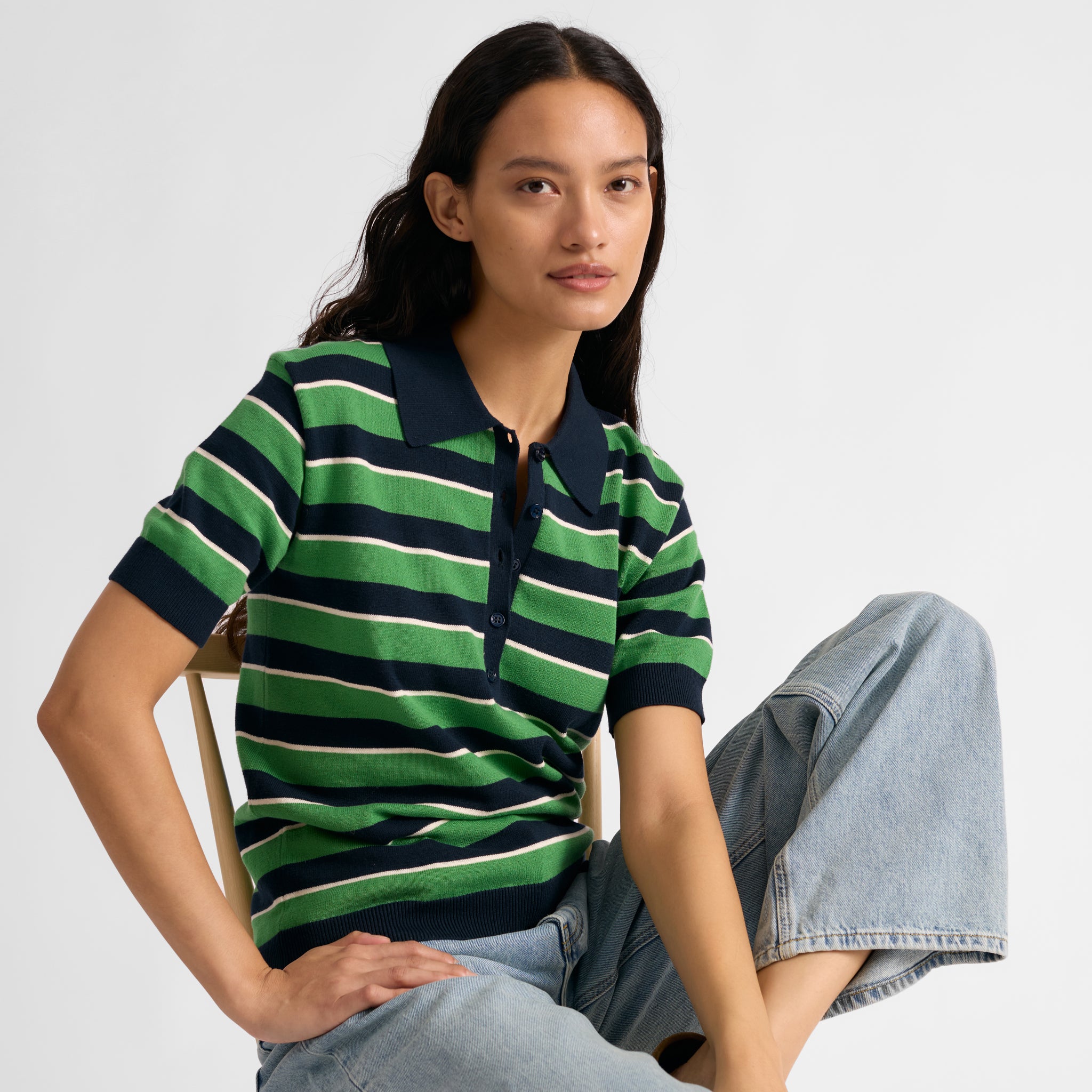 Green & Navy Stripe Polo Top
