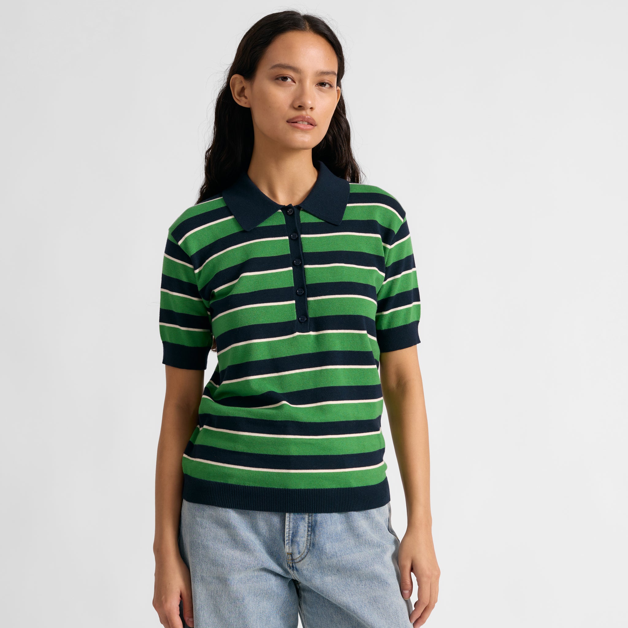 Green & Navy Stripe Polo Top