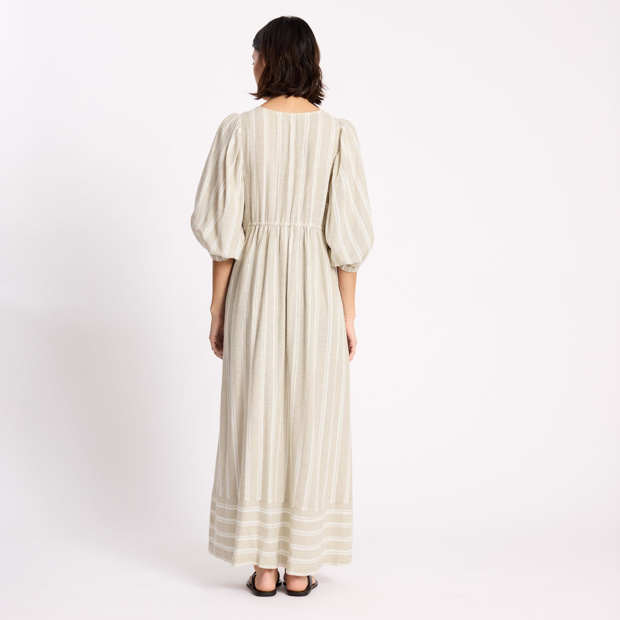 Linen Stripe V Neck Dress