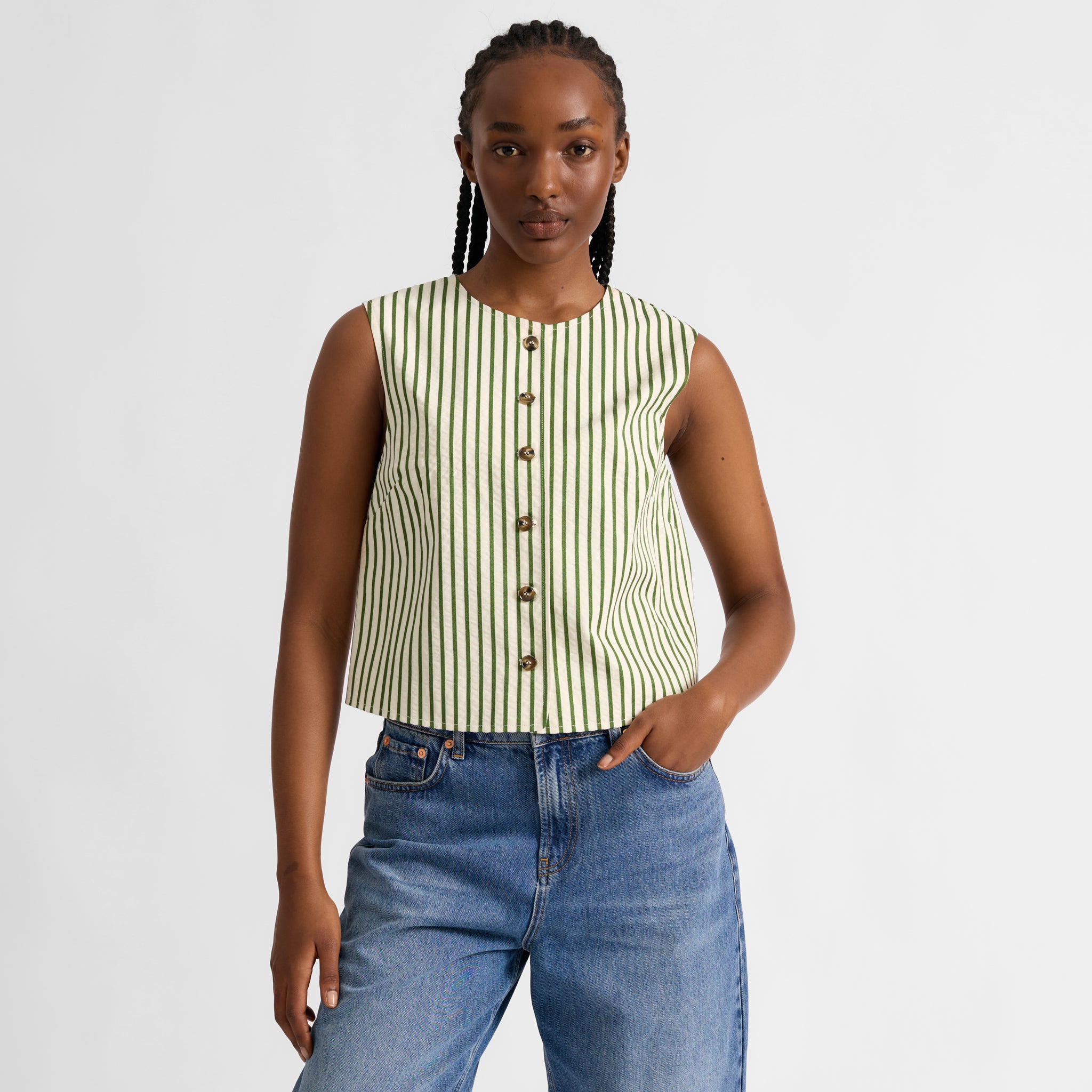 Green Stripe Button Shell Top