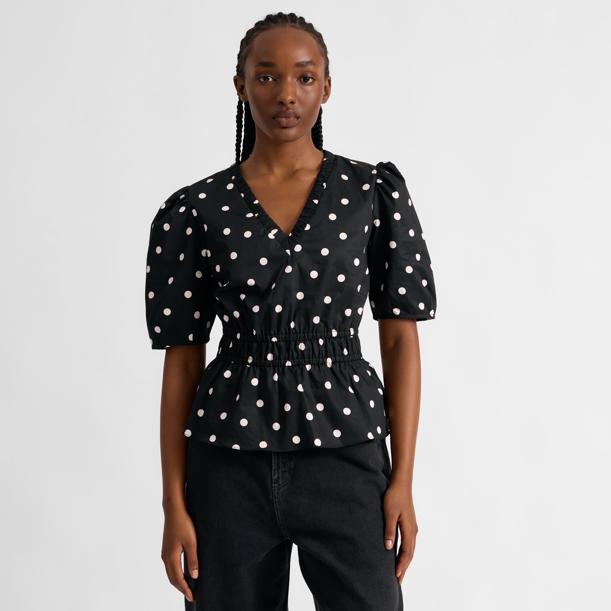 Black and White Spot Elastic Waist Top
