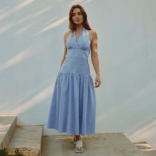 blue and white striped dress uk Stripe Halter Neck | Sustainable Womenswear Petals In The Mist Emerald Prom Dresses Long Size:7 Medium it offers a flattering