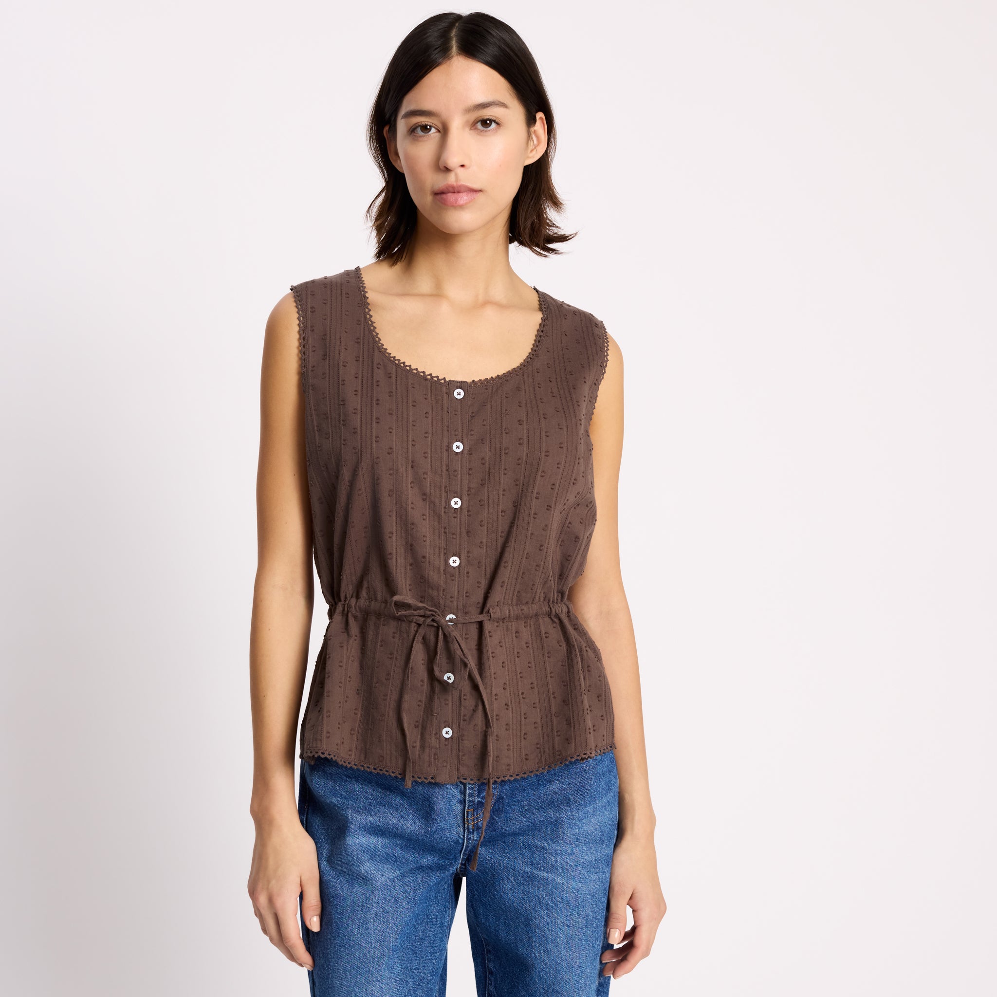 Drawstring Waist Button Through Top
