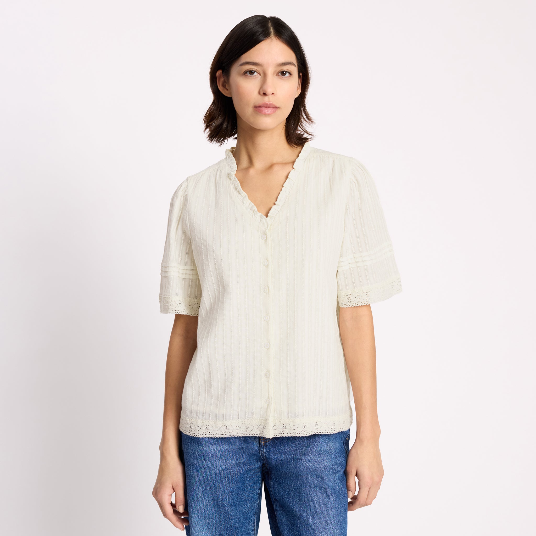 Pintuck Sleeve Button Through Top