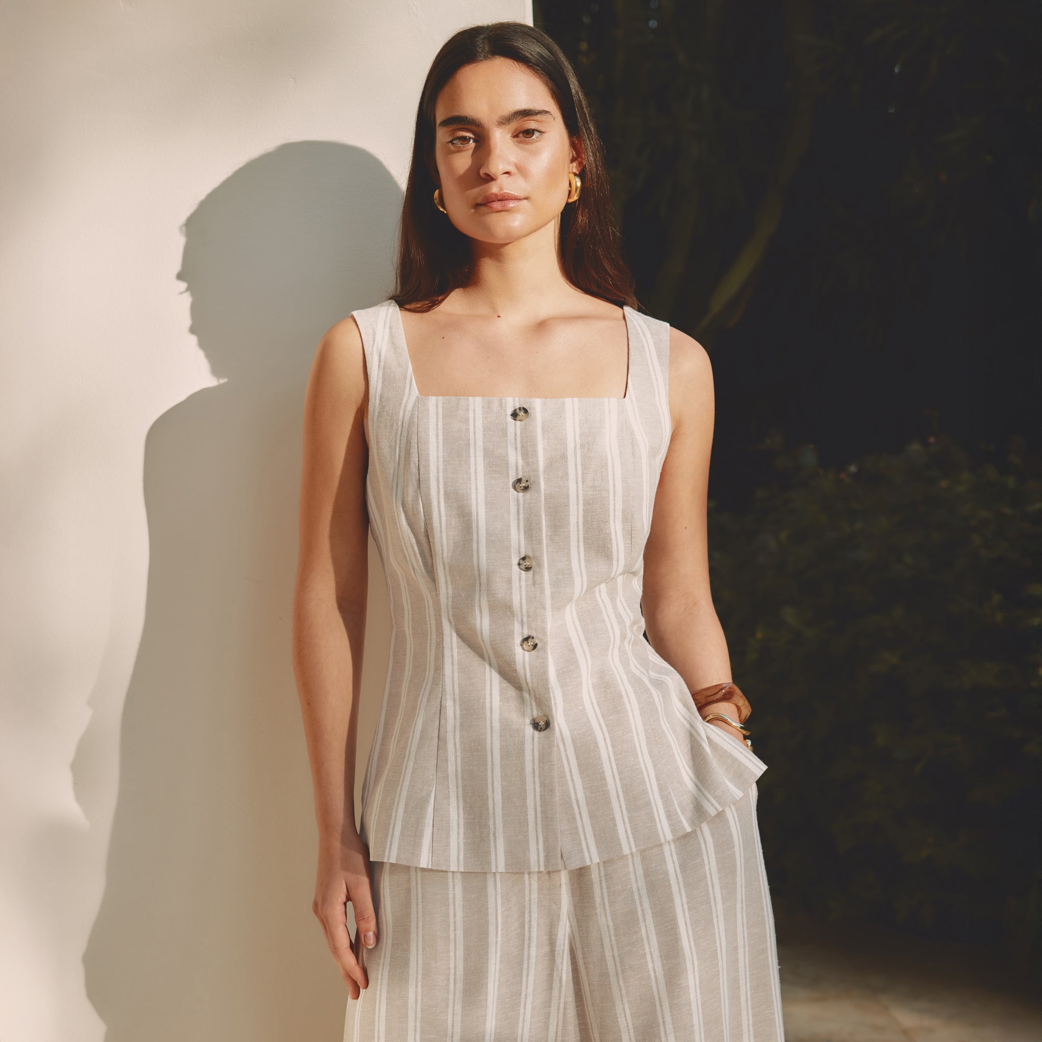 Linen Stripe Square Neck Button Top