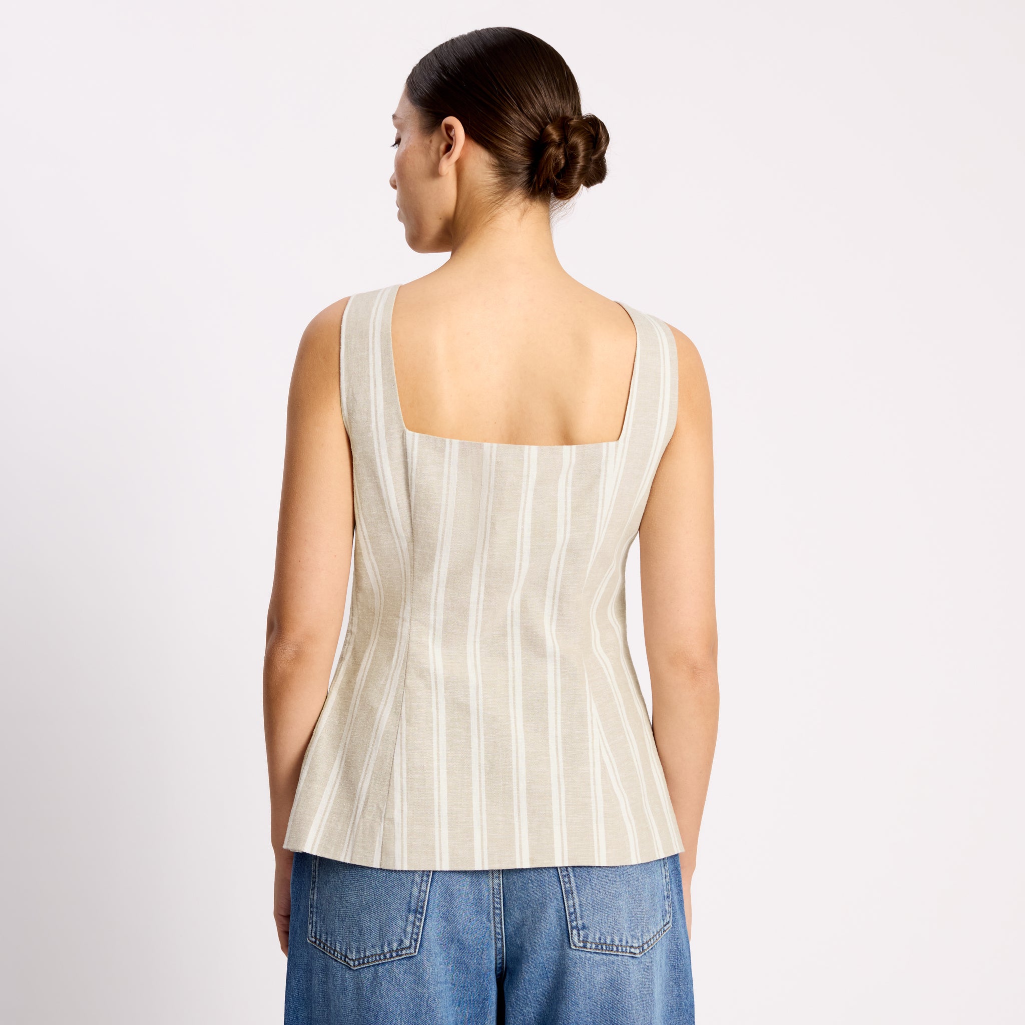 Linen Stripe Square Neck Button Top
